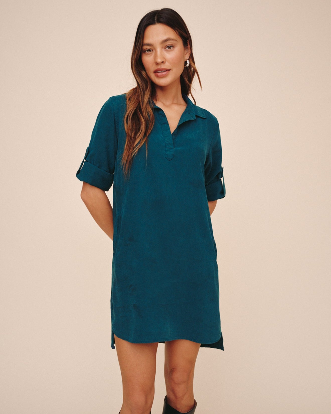 A Line Rolled Tab Sleeve Dress