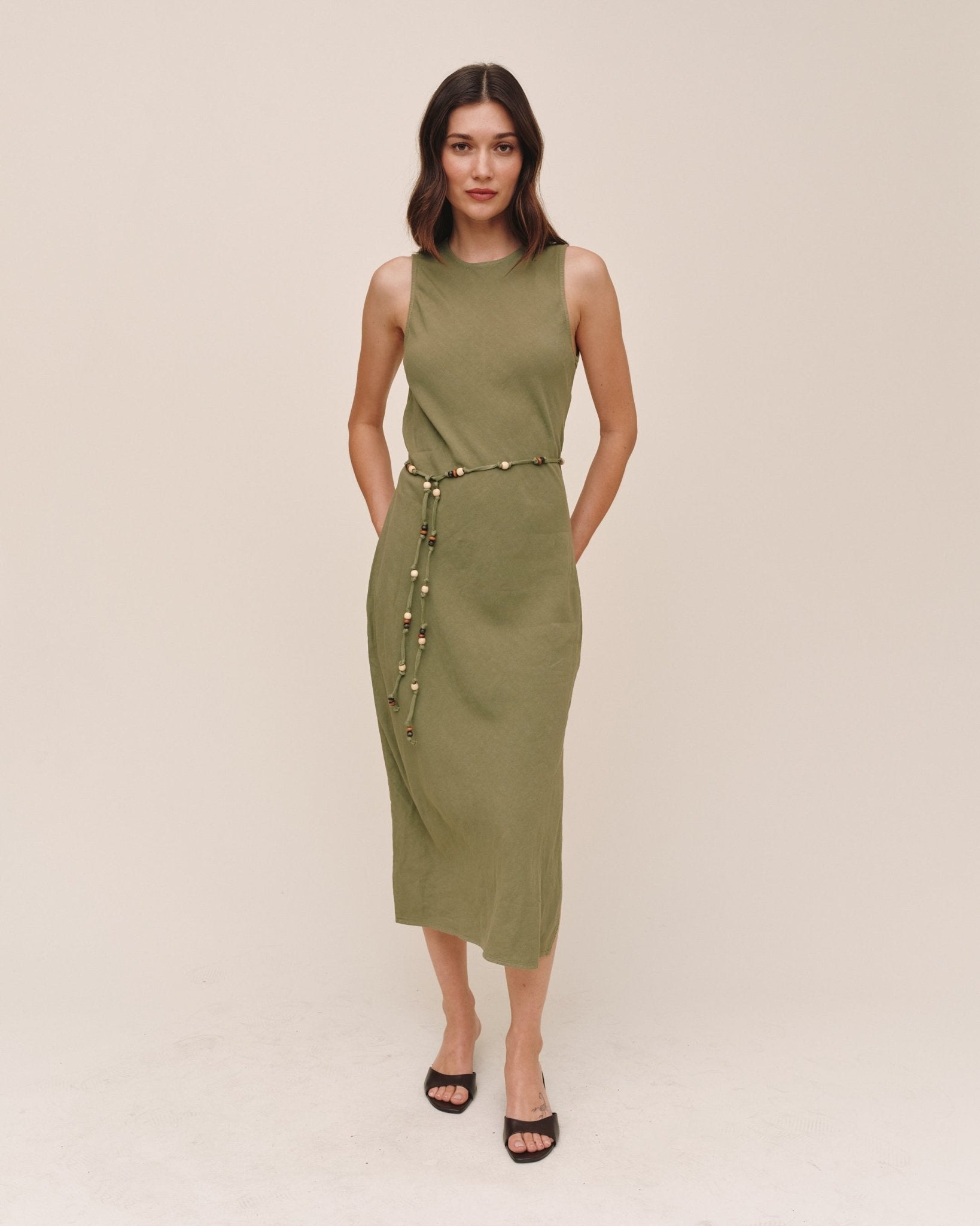vintage beaded midi fairy dress with sharkbite hem in olive Bias Belt July_promo3 button keyhole back closure Sloane Chiffon Floral Print Size:90 (Height 85–94 cm)