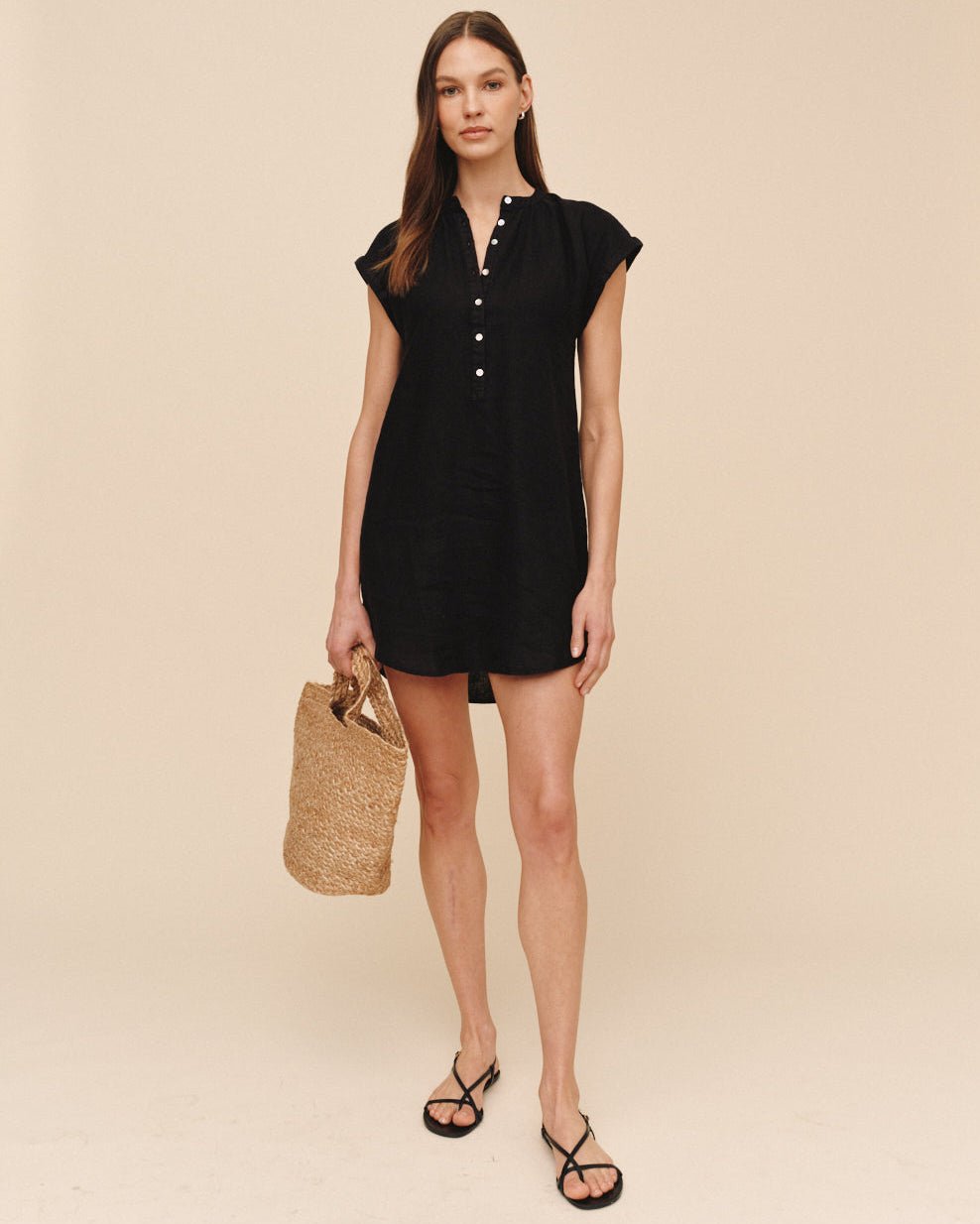 Cap Sleeve Henley Dress | Black | M