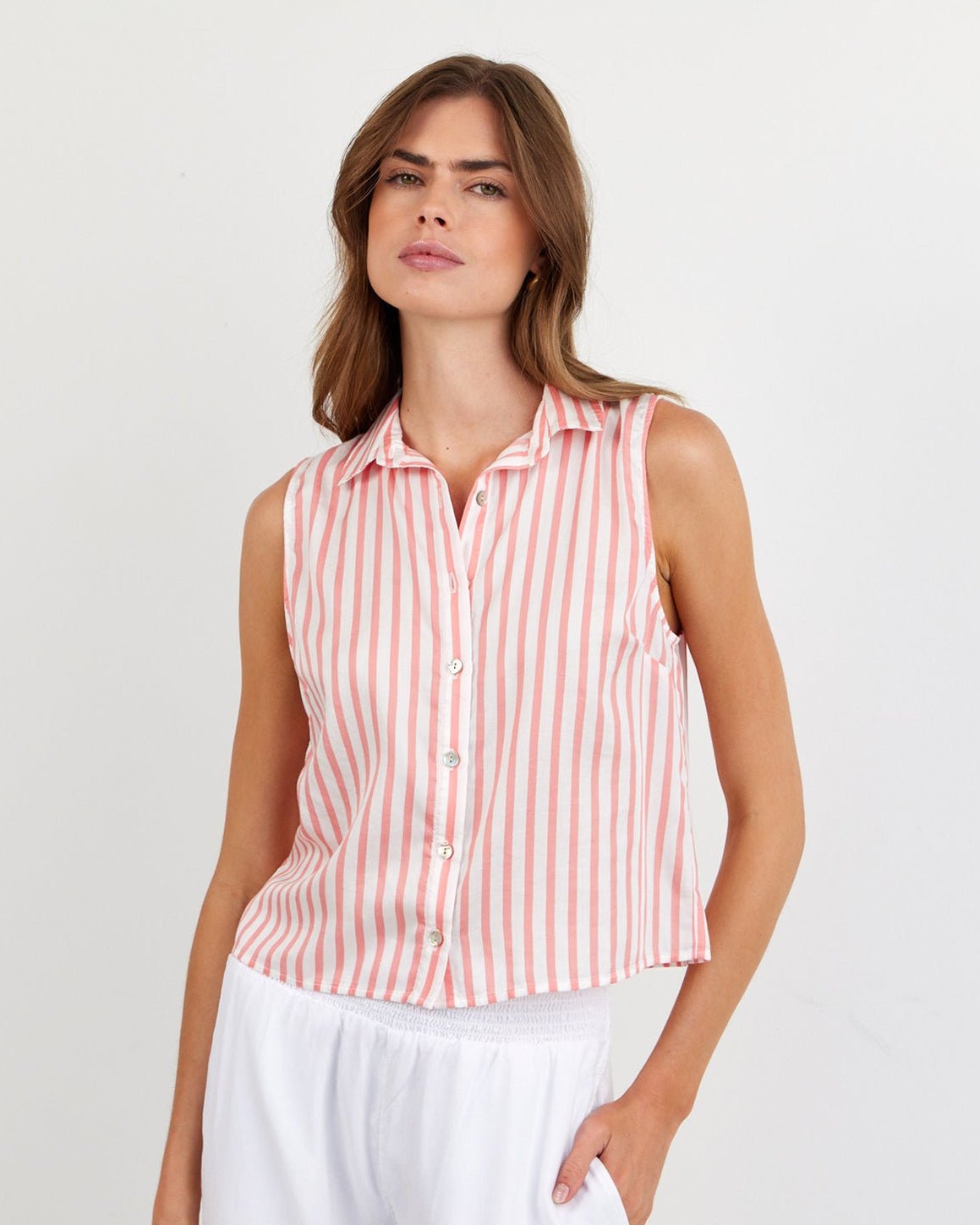 Clean Sleeveless Button Down - Wild Coral Stripe – Bella Dahl