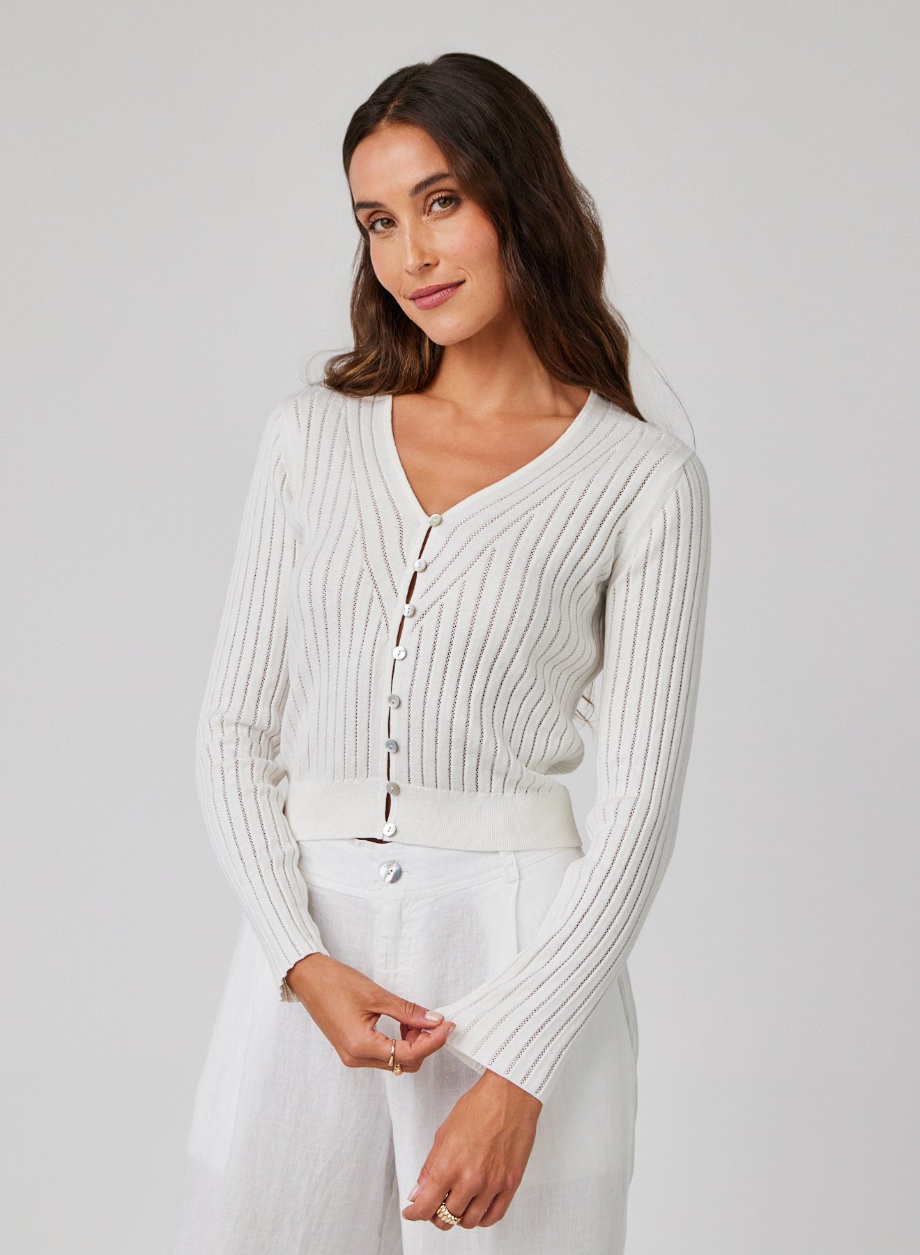 Fitted V-Neck Cardigan White - Main Image