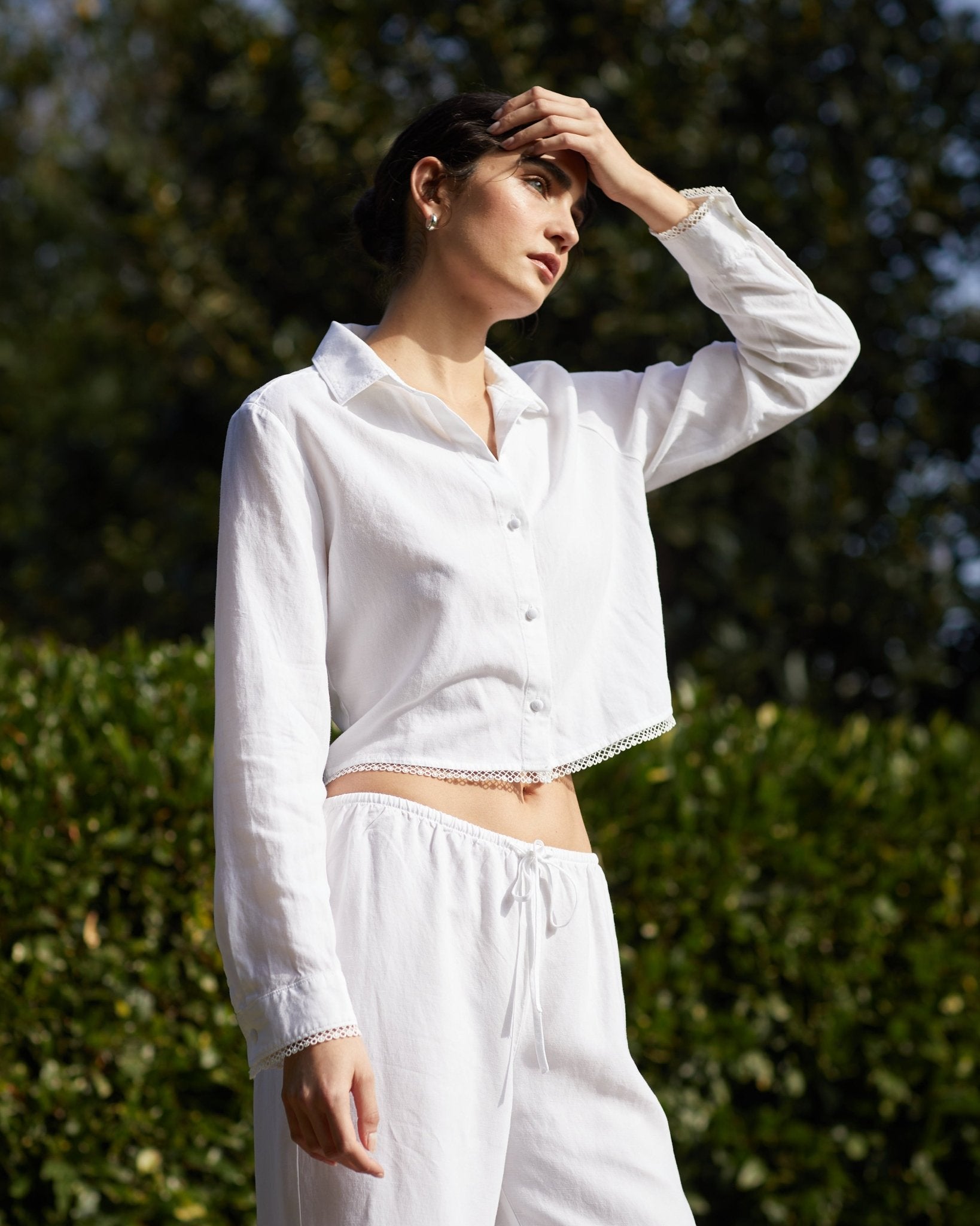 Long Sleeve Cropped Shirt With Trim | White | XS