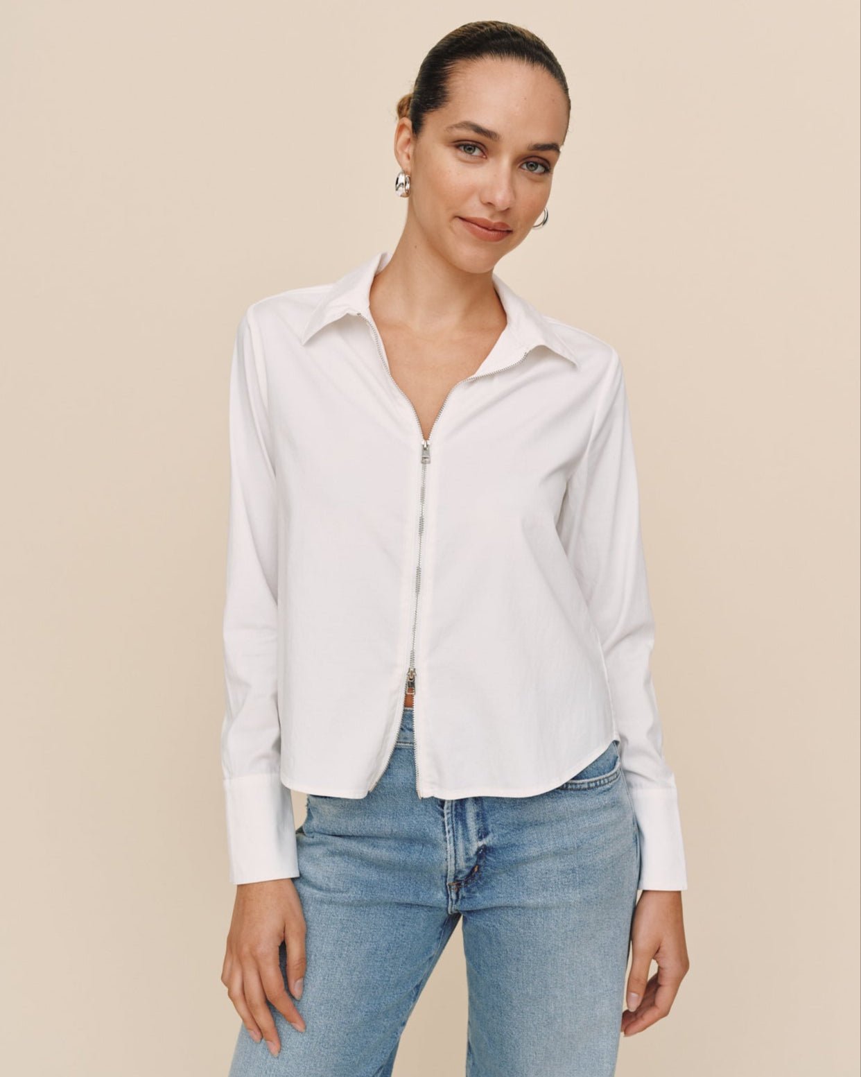 dress shirt zipper Long Sleeve Zip Front Shirt | White | L