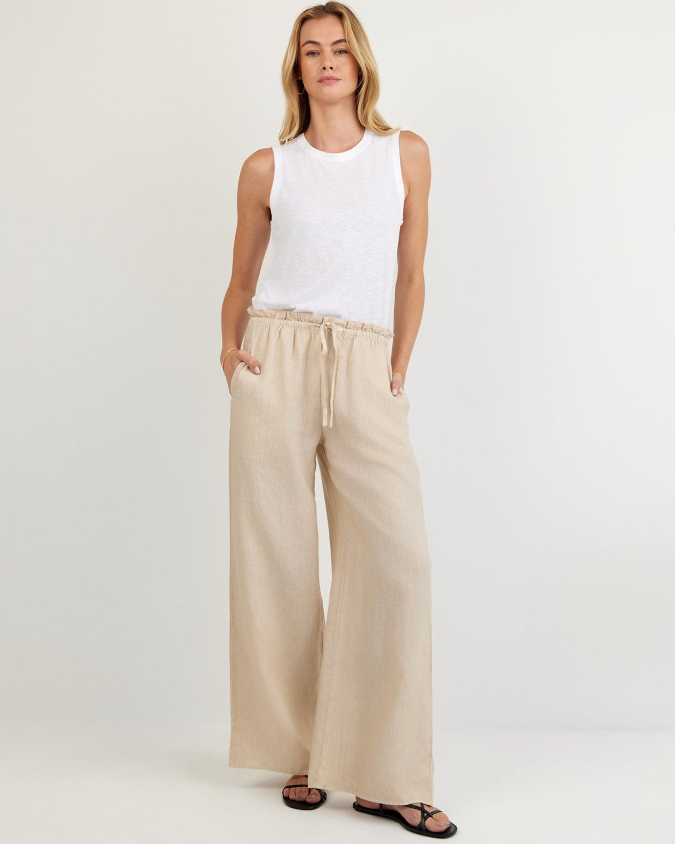 Ruffle Waist Wide Leg Pant - Linen Sand – Bella Dahl