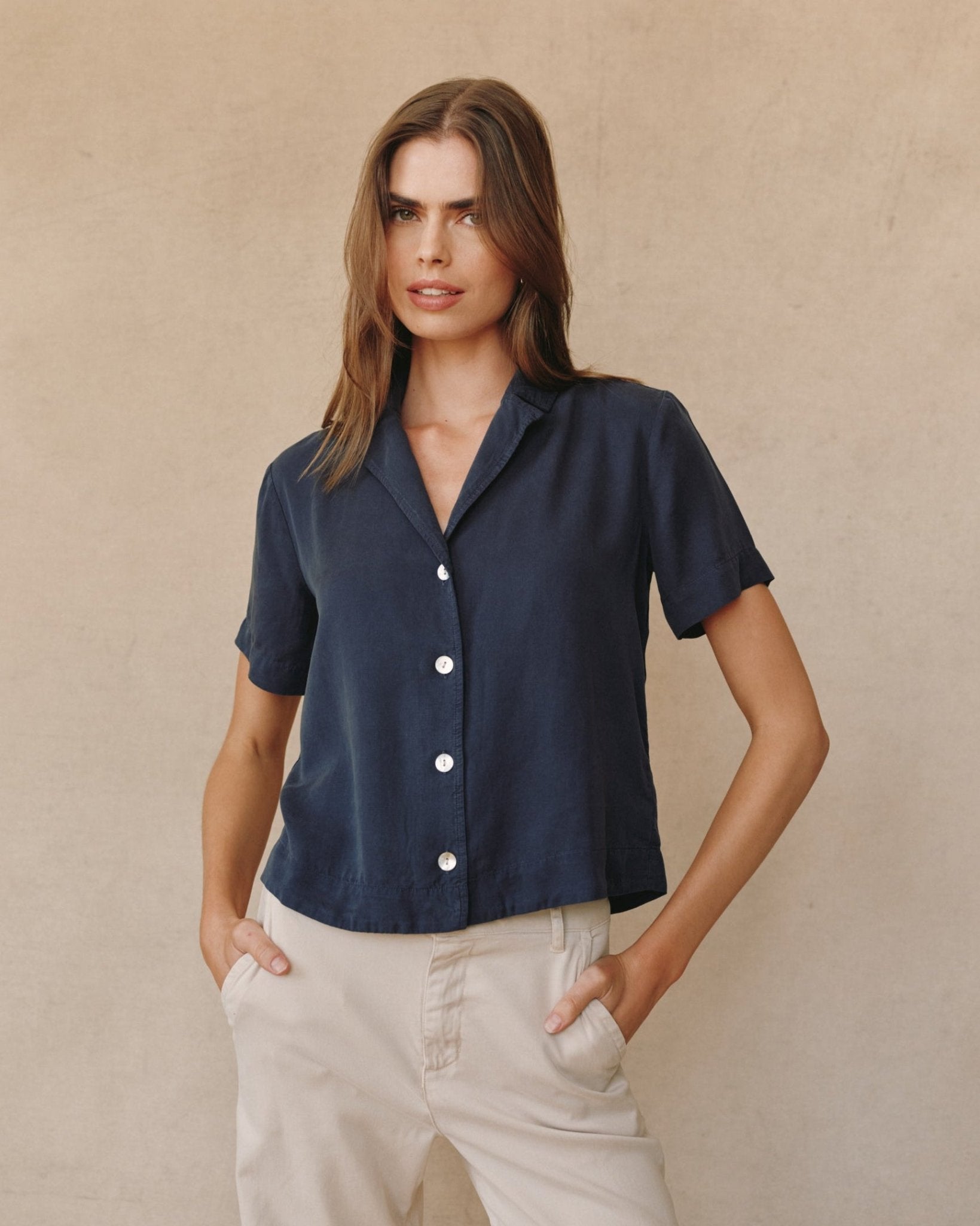Short Sleeve Flowy Button Down - Endless Sea - Bella Dahl