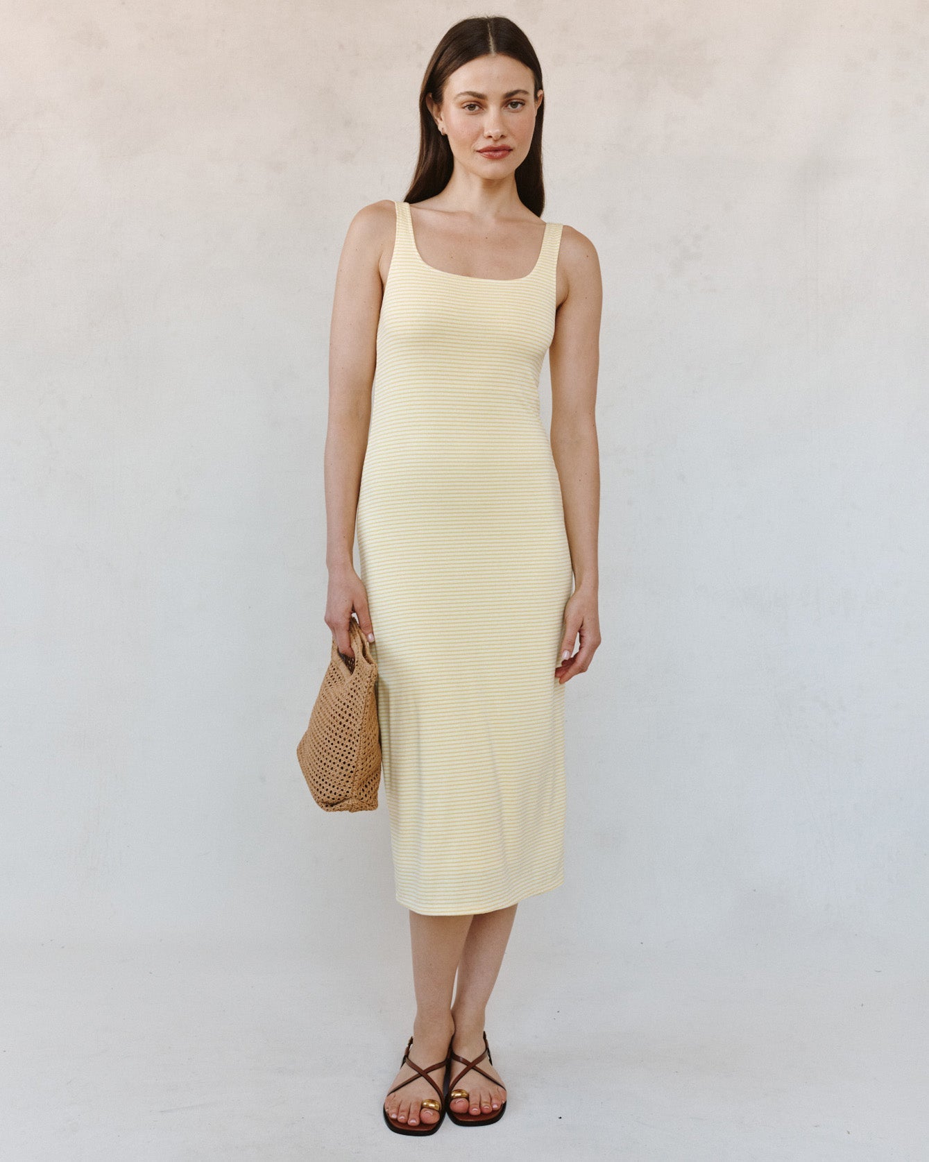 square neck fitted midi dress Square Neck Fitted Midi Dress | Lemon Meringue Stripe | S