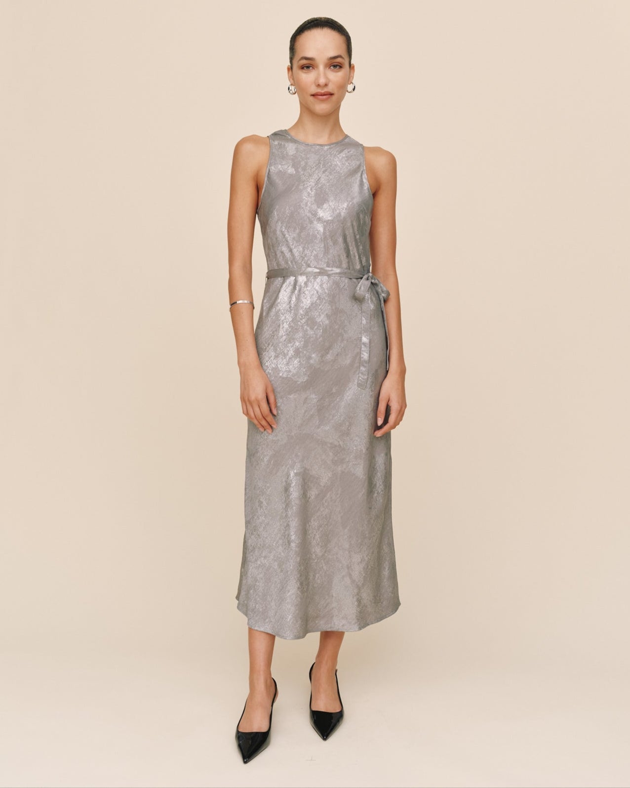 slim fit dress slacks Tank Slip Dress | Silver Distress Foil | Xs