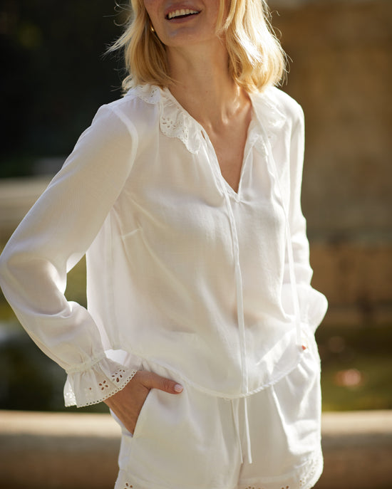 Bella Dahl Long Sleeve Tie Neck Ruffle Top - White