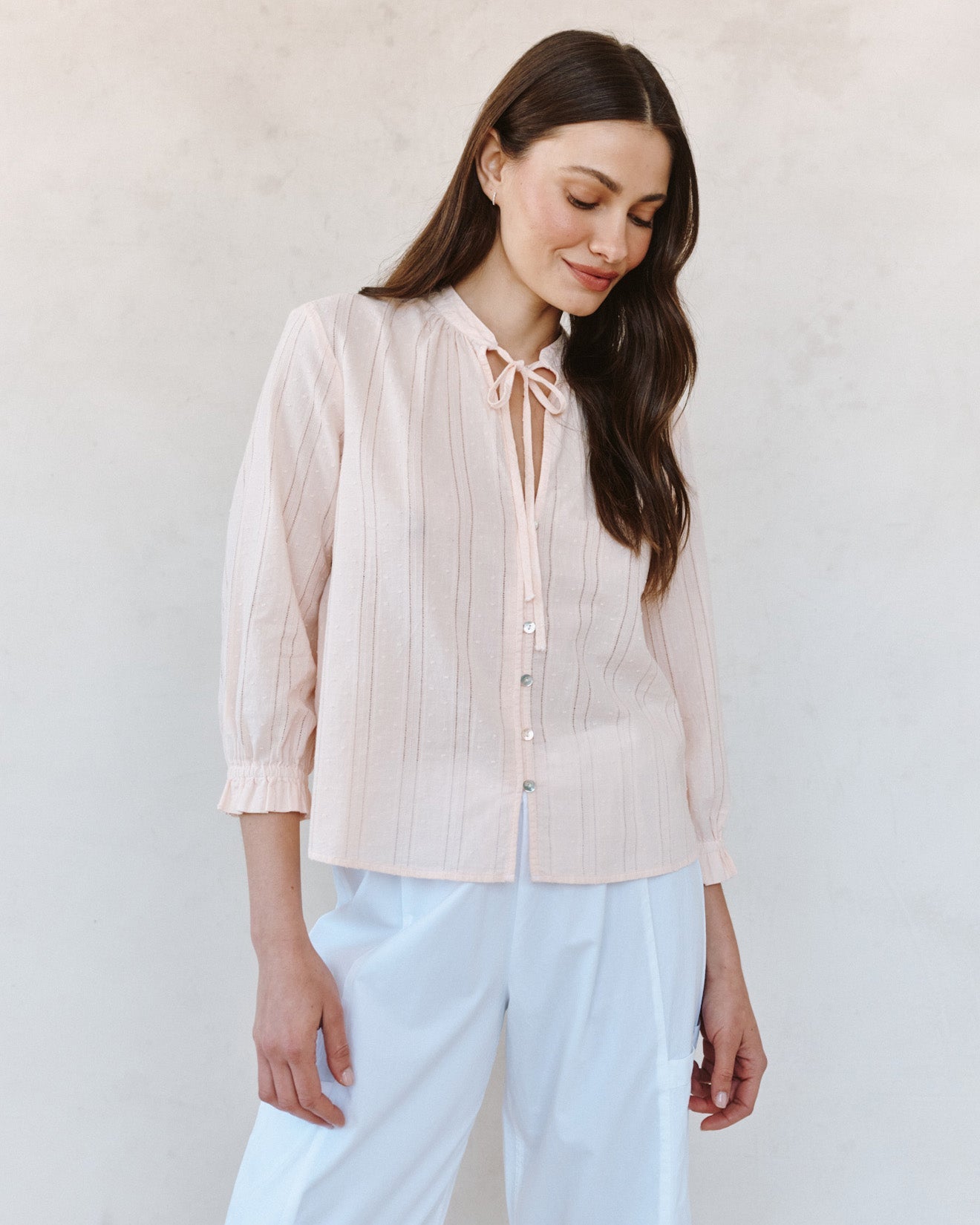 Bella Dahl3/4 Sleeve Tie Neck Blouse - Pink OpalTops