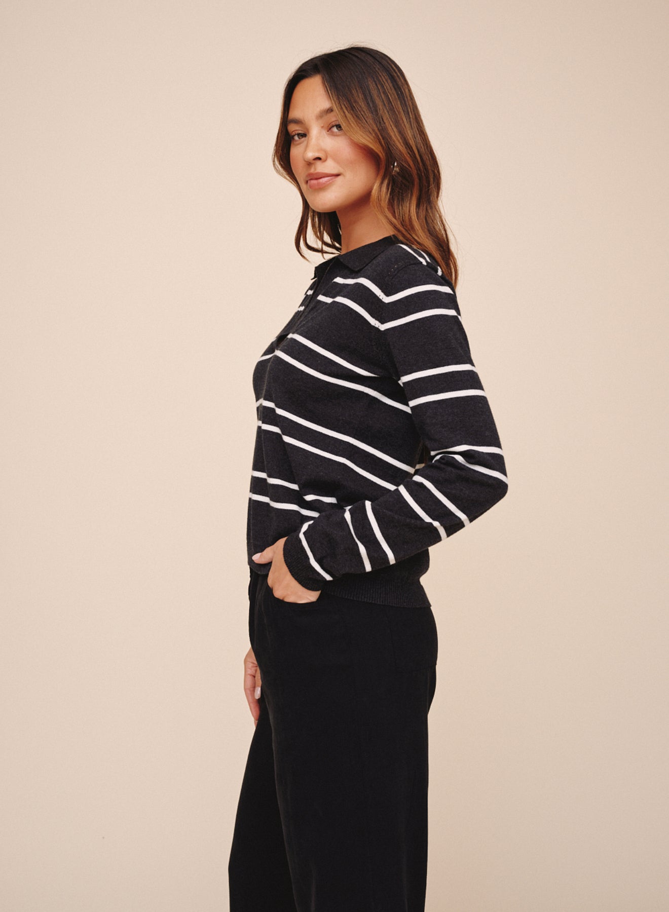 Long Sleeve Placket Pullover - Graphite Stripe