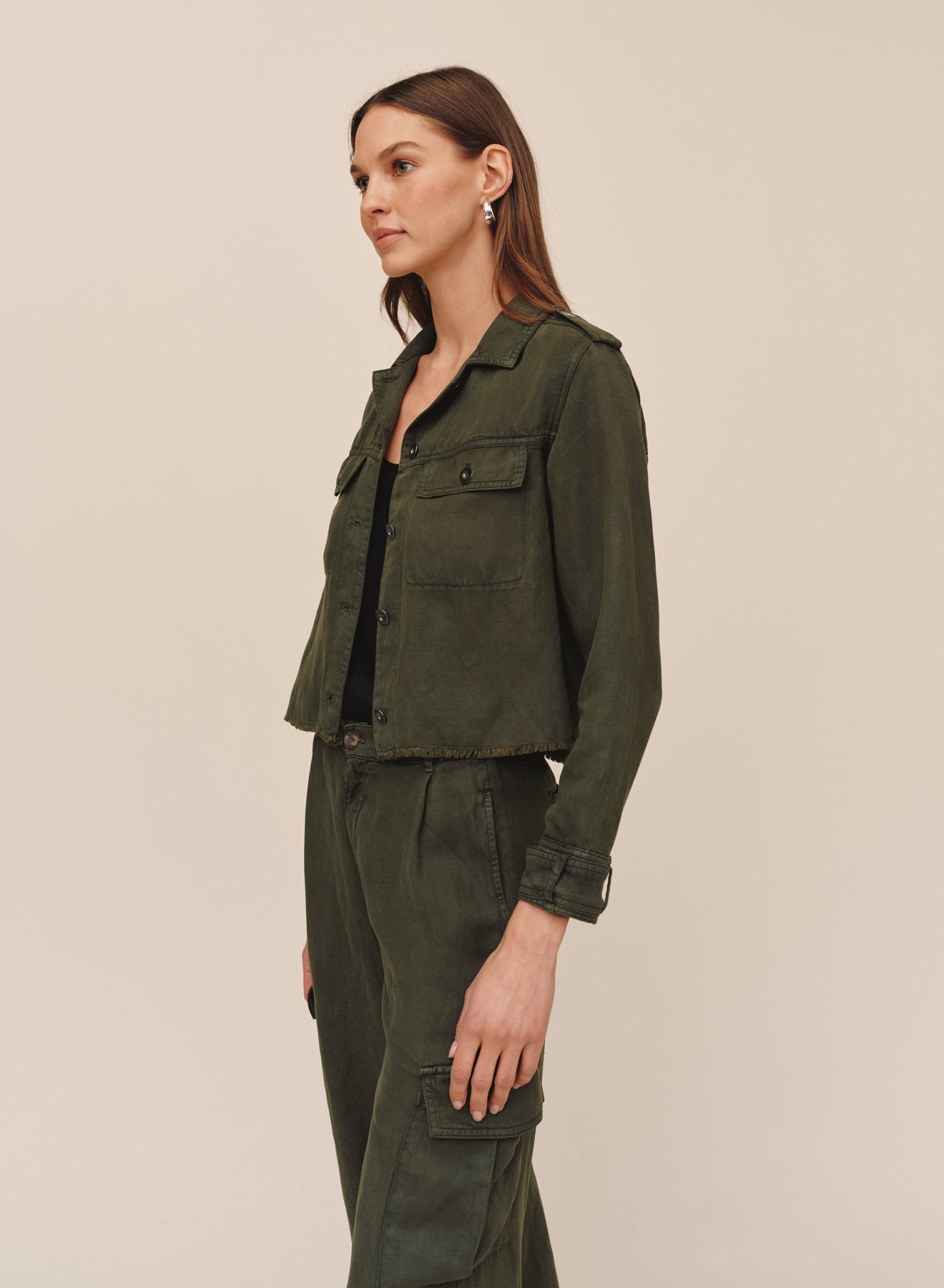Cropped Utility Jacket With Fray Hem - Smoked Olive