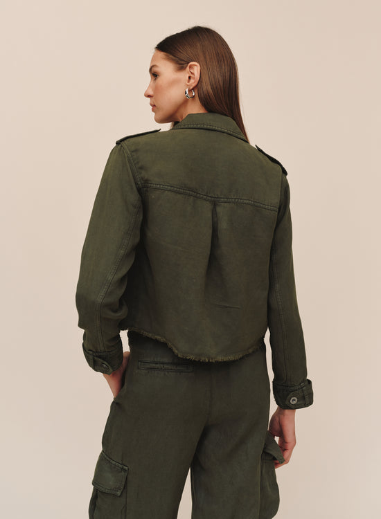 Bella Dahl Cropped Utility Jacket With Fray Hem - Smoked Olive View 2