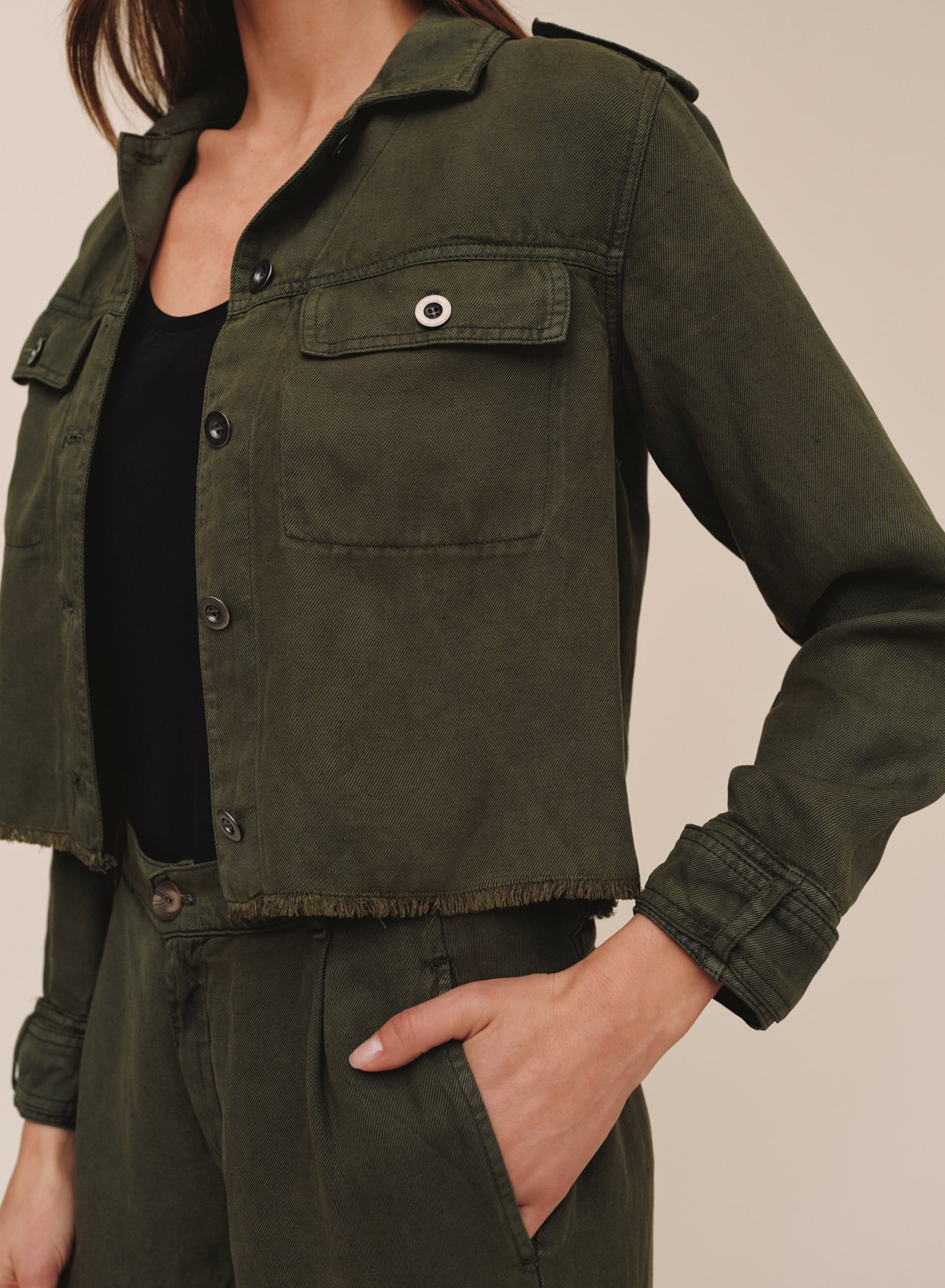 Cropped Utility Jacket With Fray Hem - Smoked Olive