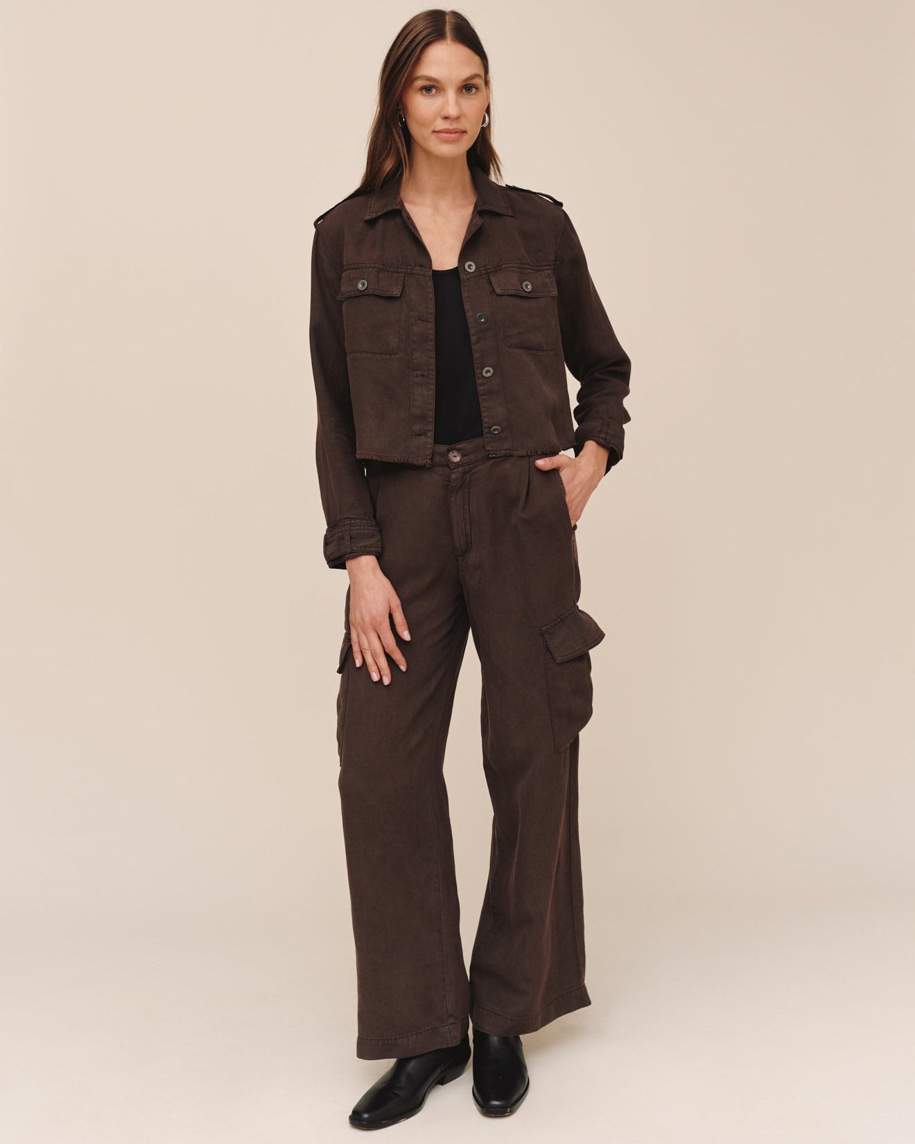 Cropped Utility Jacket With Fray Hem  Dark Roast