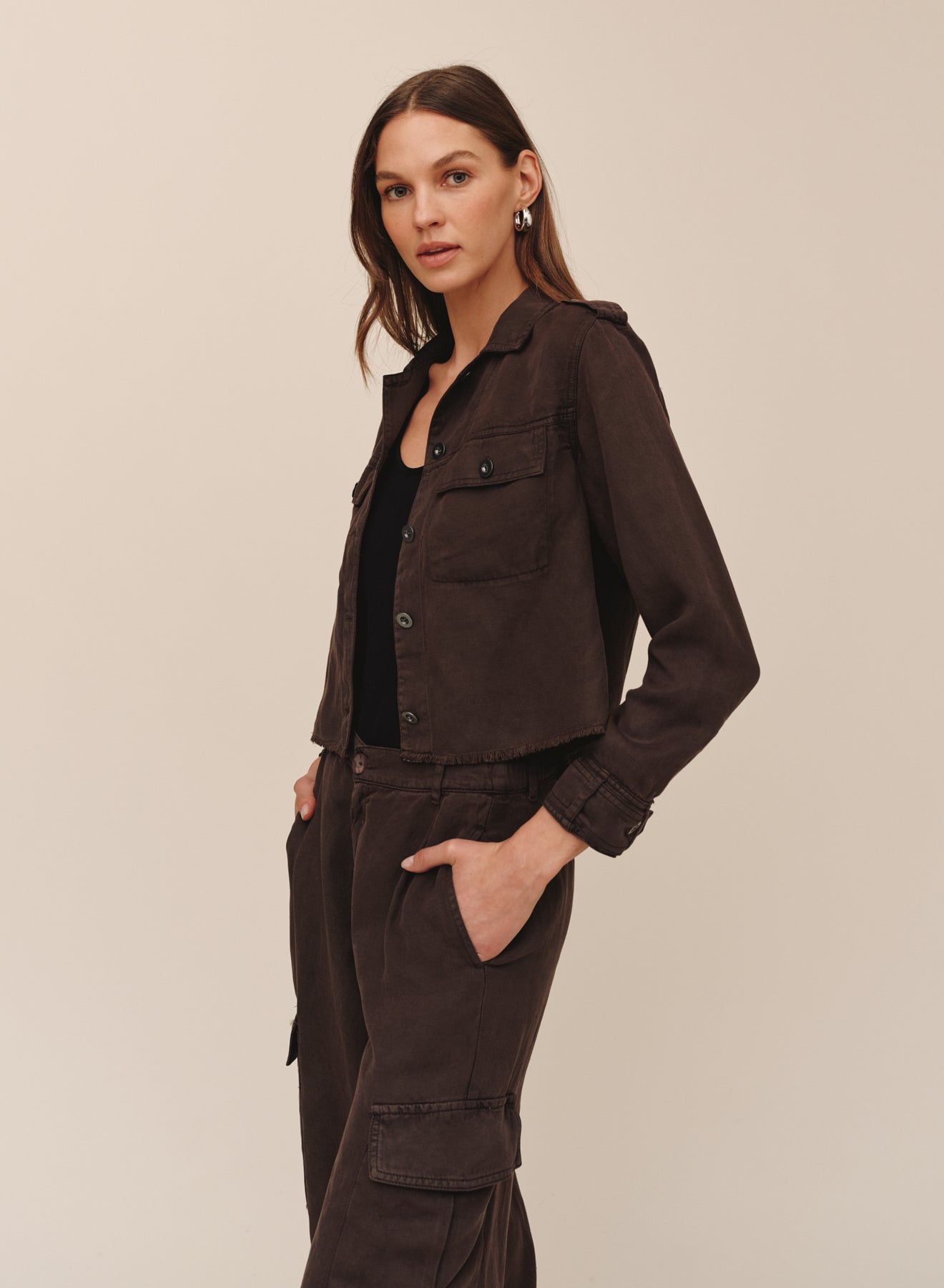 Cropped Utility Jacket With Fray Hem  Dark Roast