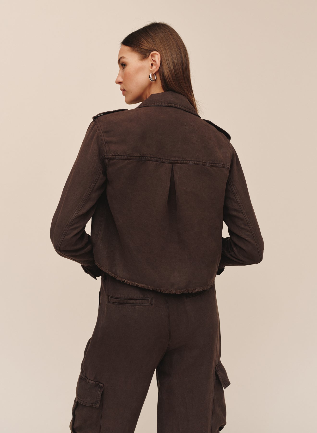 Cropped Utility Jacket With Fray Hem  Dark Roast