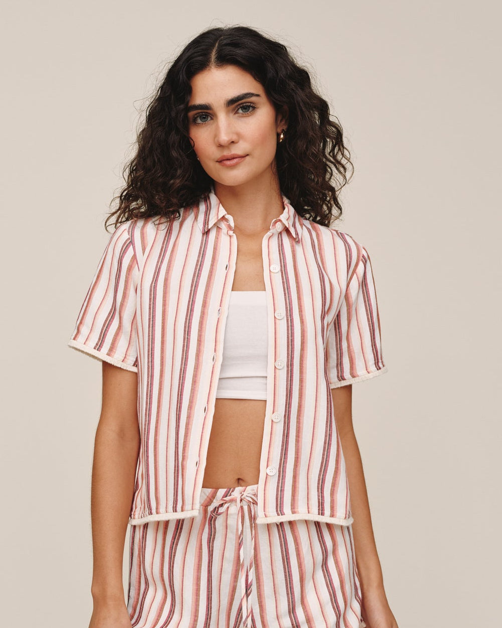 Short Sleeve Fringe Hem Shirt - Sunset Stripe