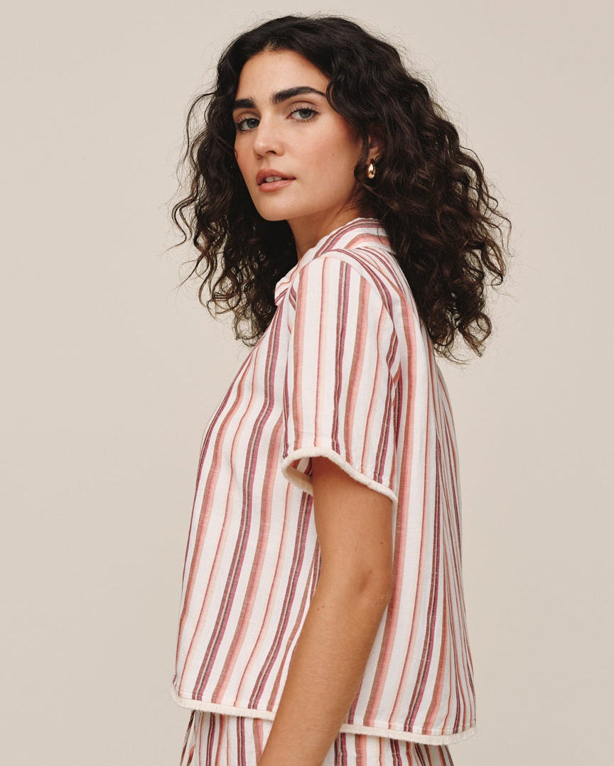 Short Sleeve Fringe Hem Shirt - Sunset Stripe