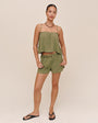 Smocked Beaded Strap Tank - Olive Leaf