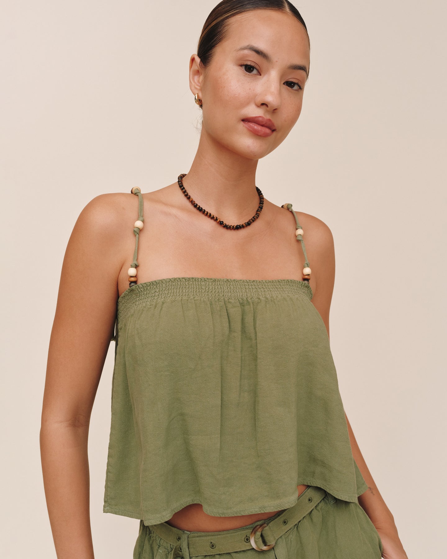 Smocked Beaded Strap Tank - Olive Leaf