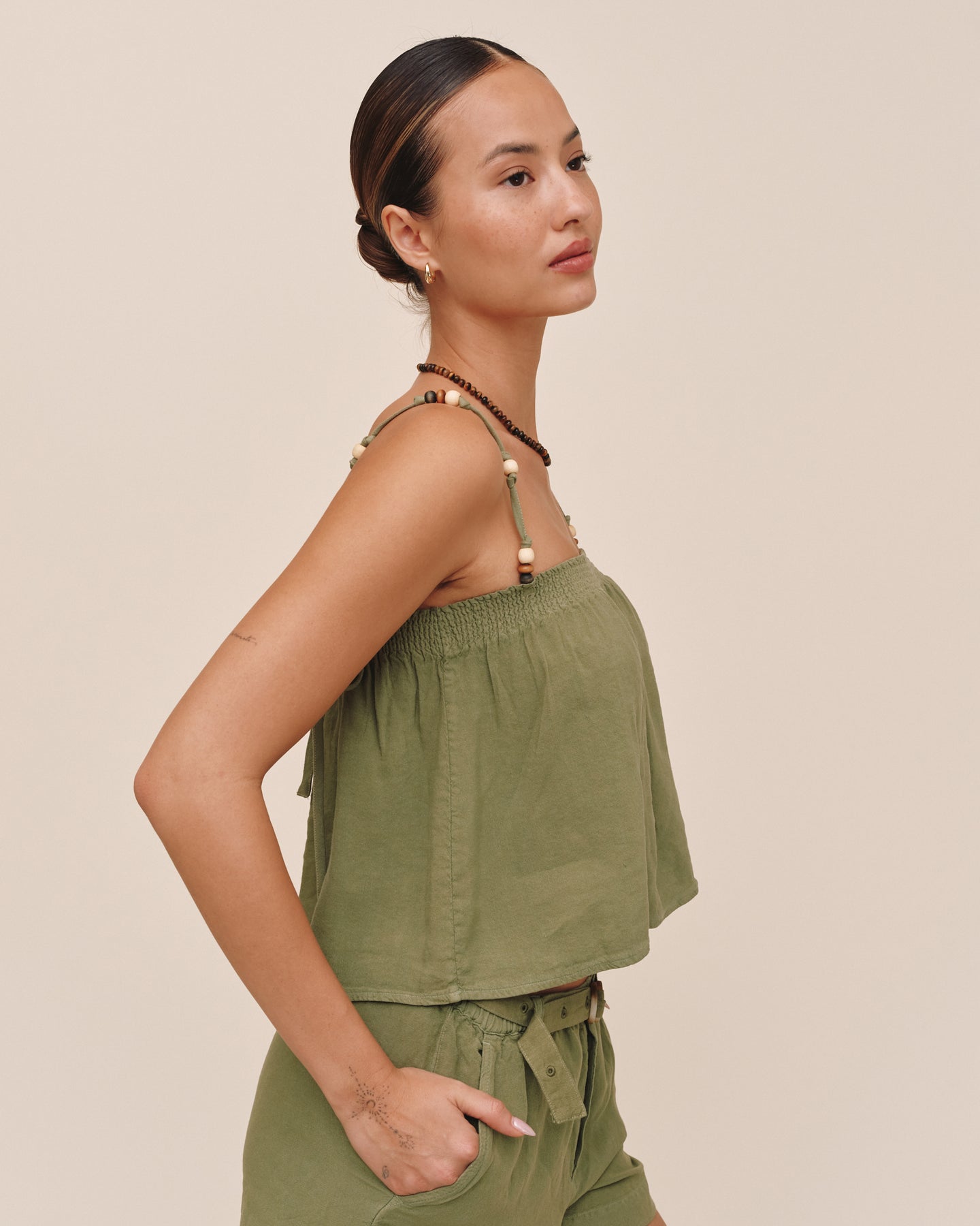 Smocked Beaded Strap Tank - Olive Leaf