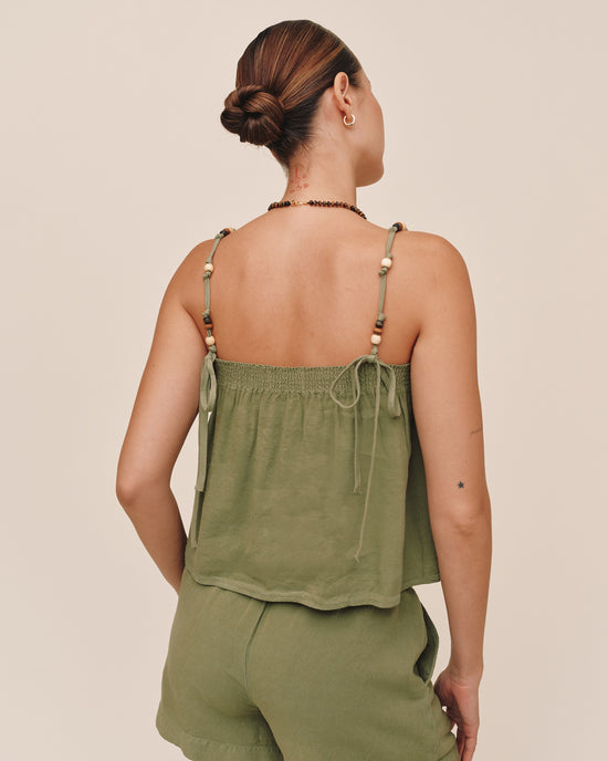 Bella Dahl Smocked Beaded Strap Tank - Olive Leaf View 2