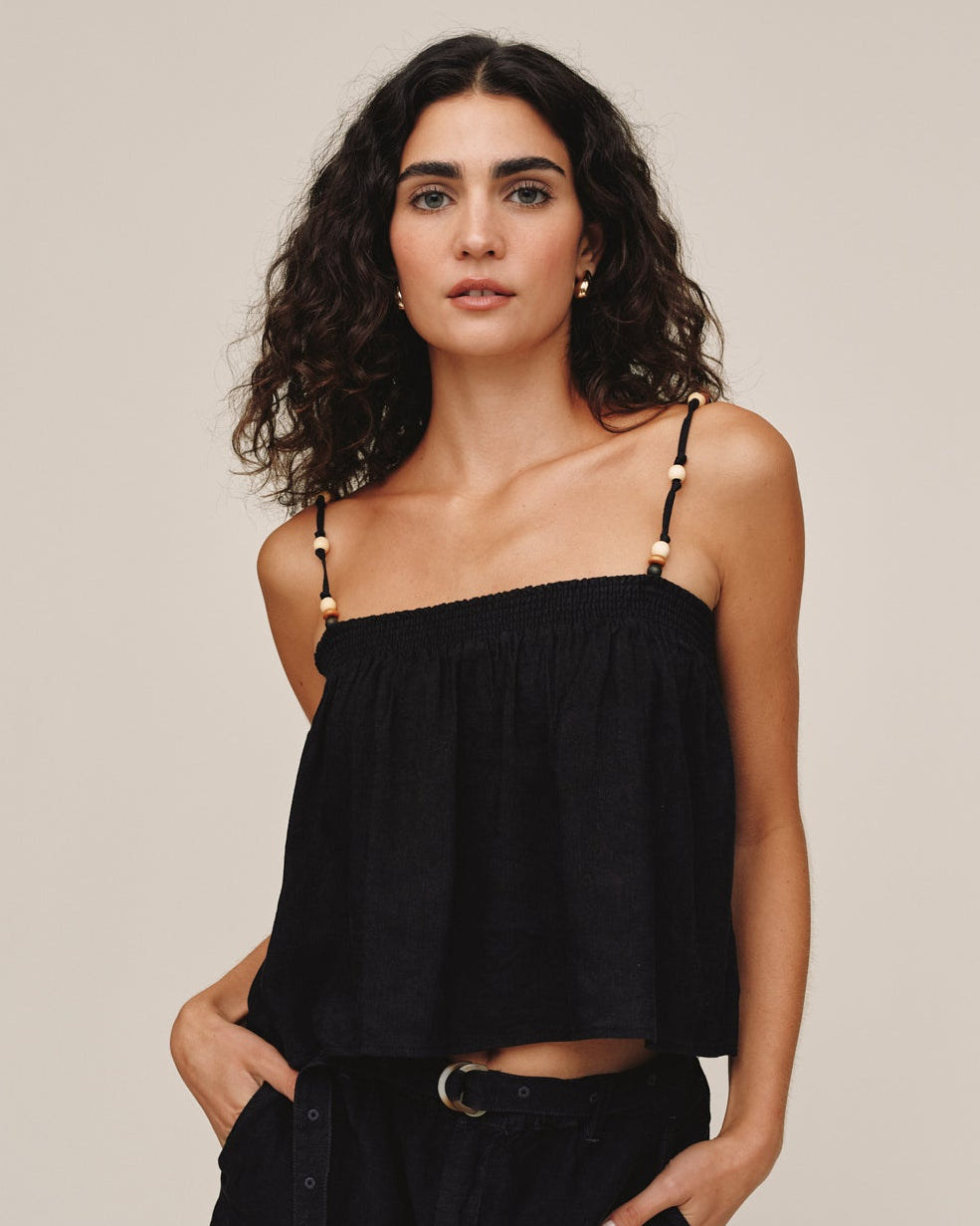 Smocked Beaded Strap Tank - Black
