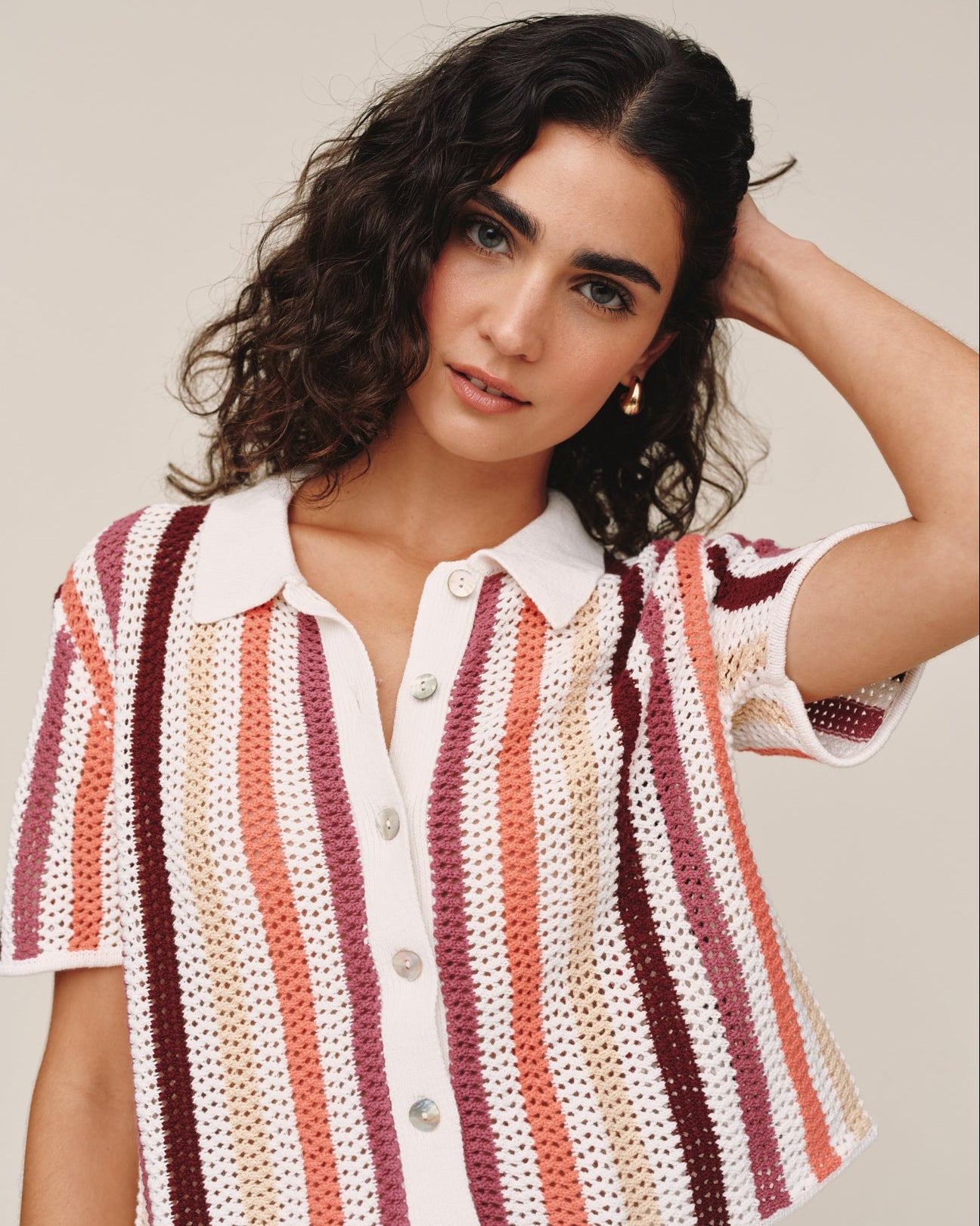 Short Sleeve Open Knit Stripe Button Down - Beach Side Stripe