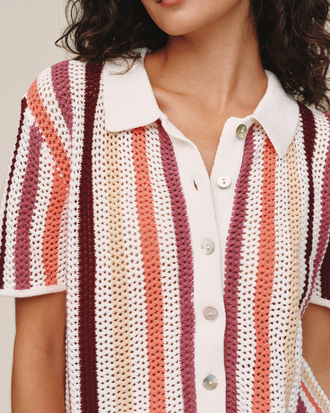 Short Sleeve Open Knit Stripe Button Down - Beach Side Stripe