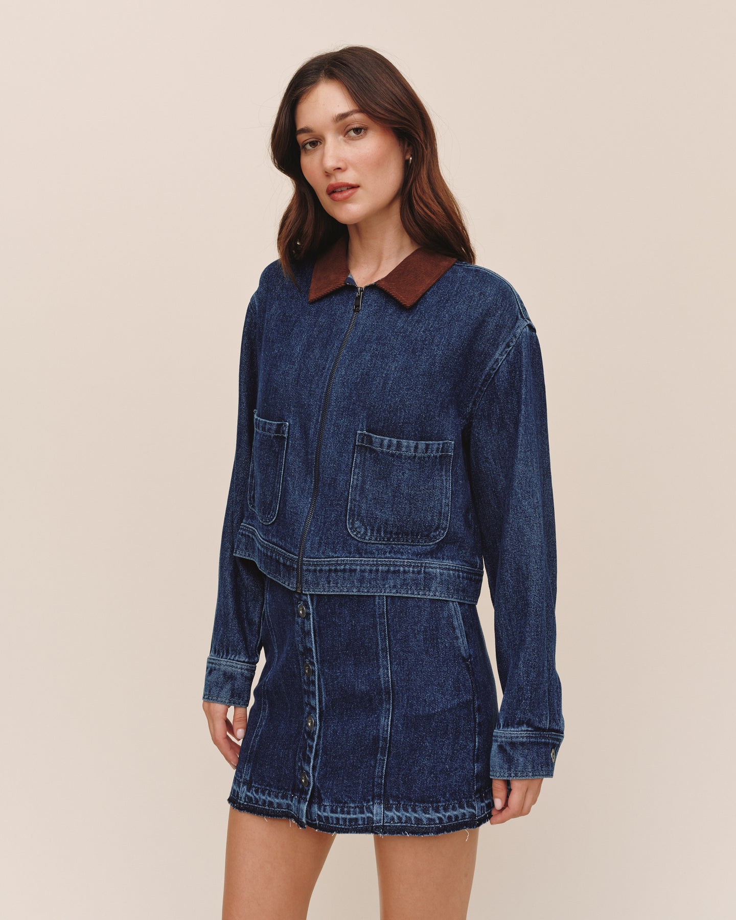 Crop Zip Up Barn Jacket - Dark Rinse Wash