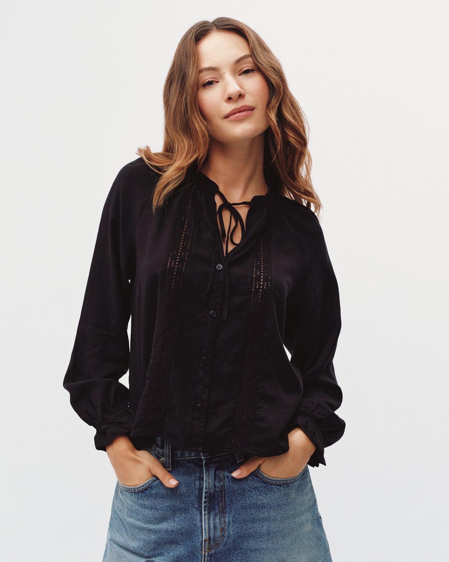 Raglan Sleeve Top With Lace Inset - Black