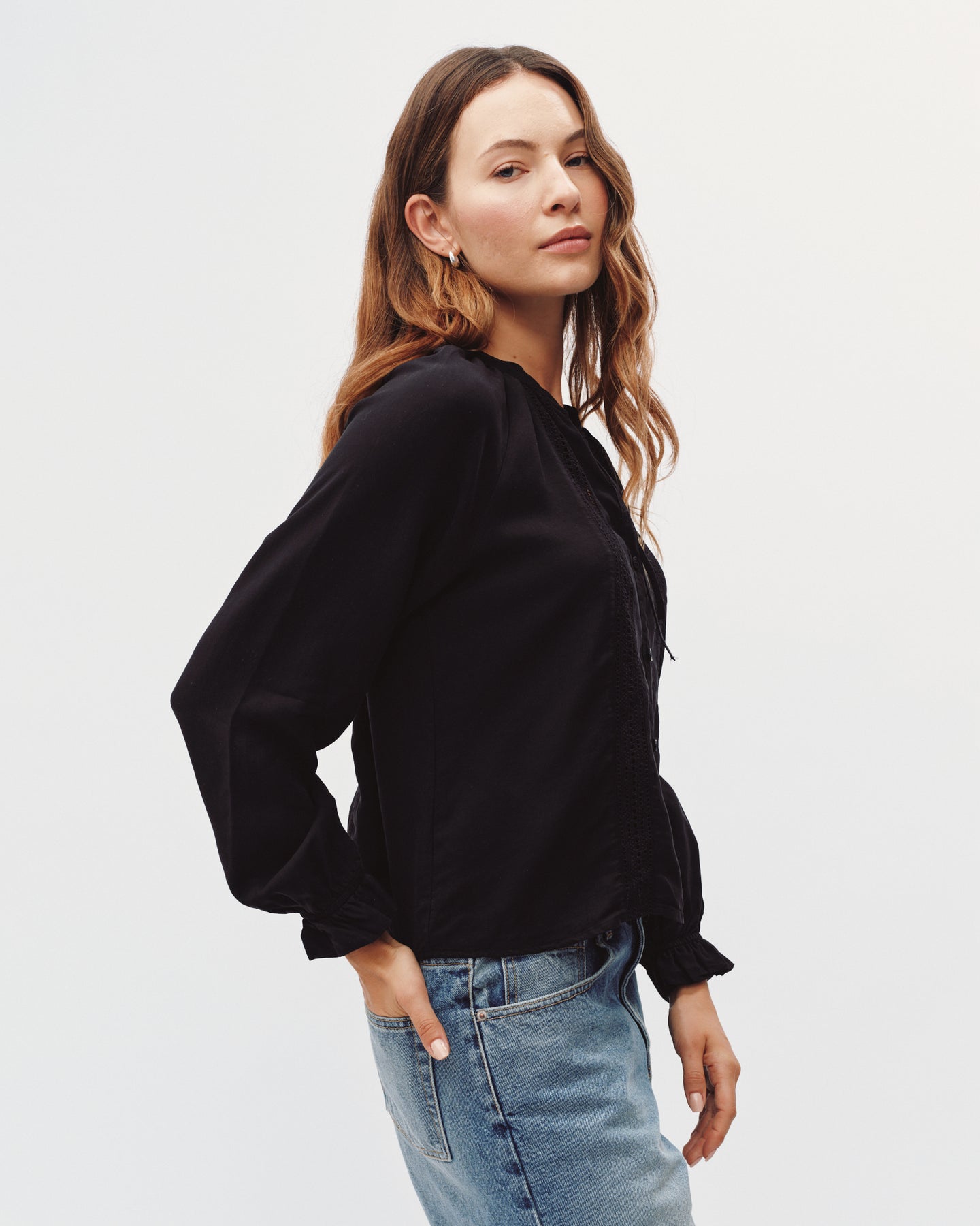 Raglan Sleeve Top With Lace Inset - Black