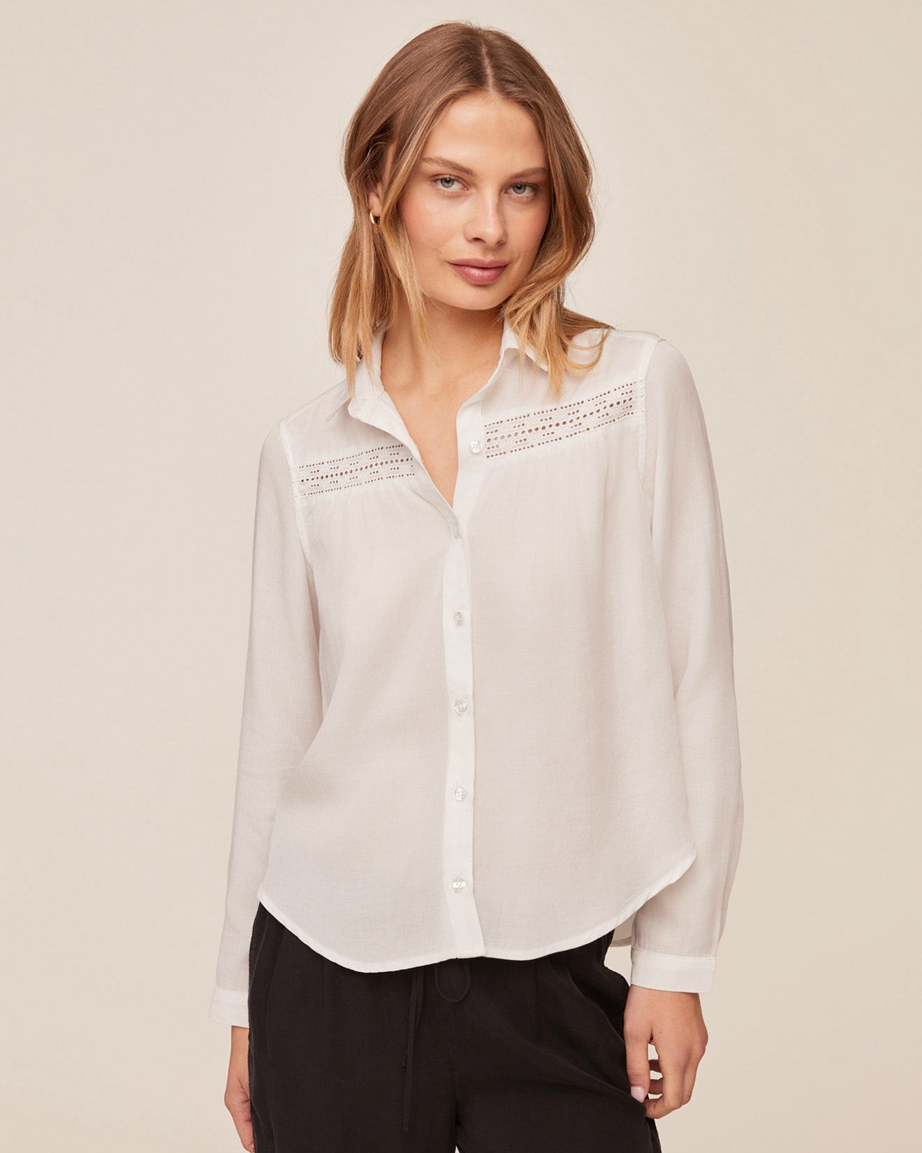 Long Sleeve Shirt With Lace Inset - Ivory