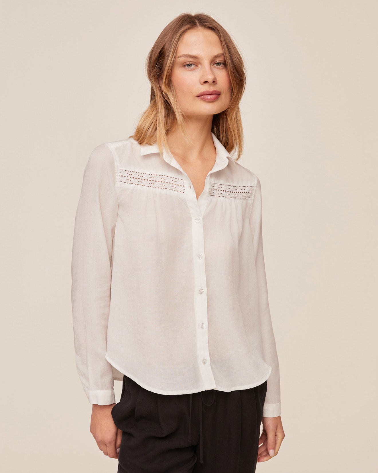 Long Sleeve Shirt With Lace Inset - Ivory
