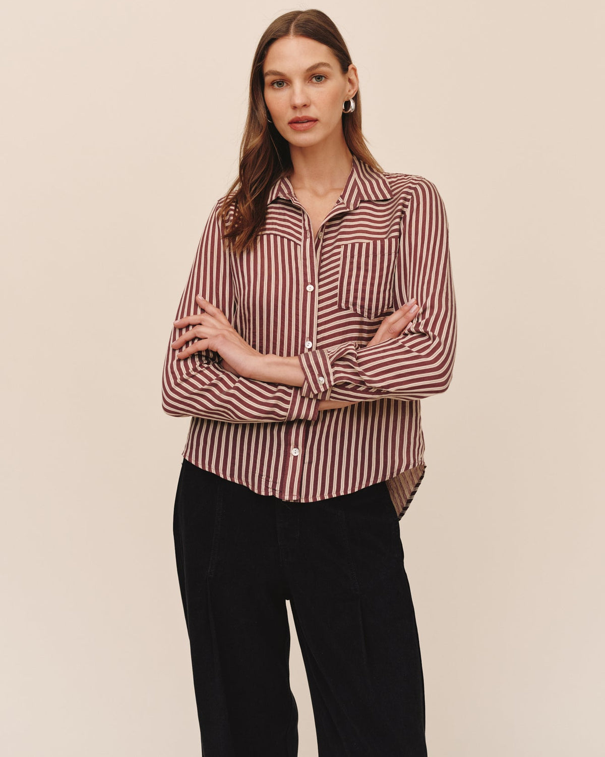 Seamed Button Down Shirt - Vintage Plum Stripe