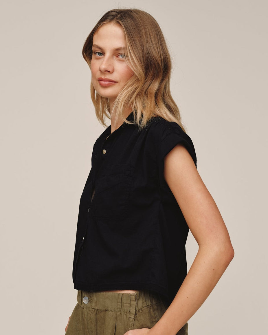 Cap Sleeve Trimmed Shirt - Black