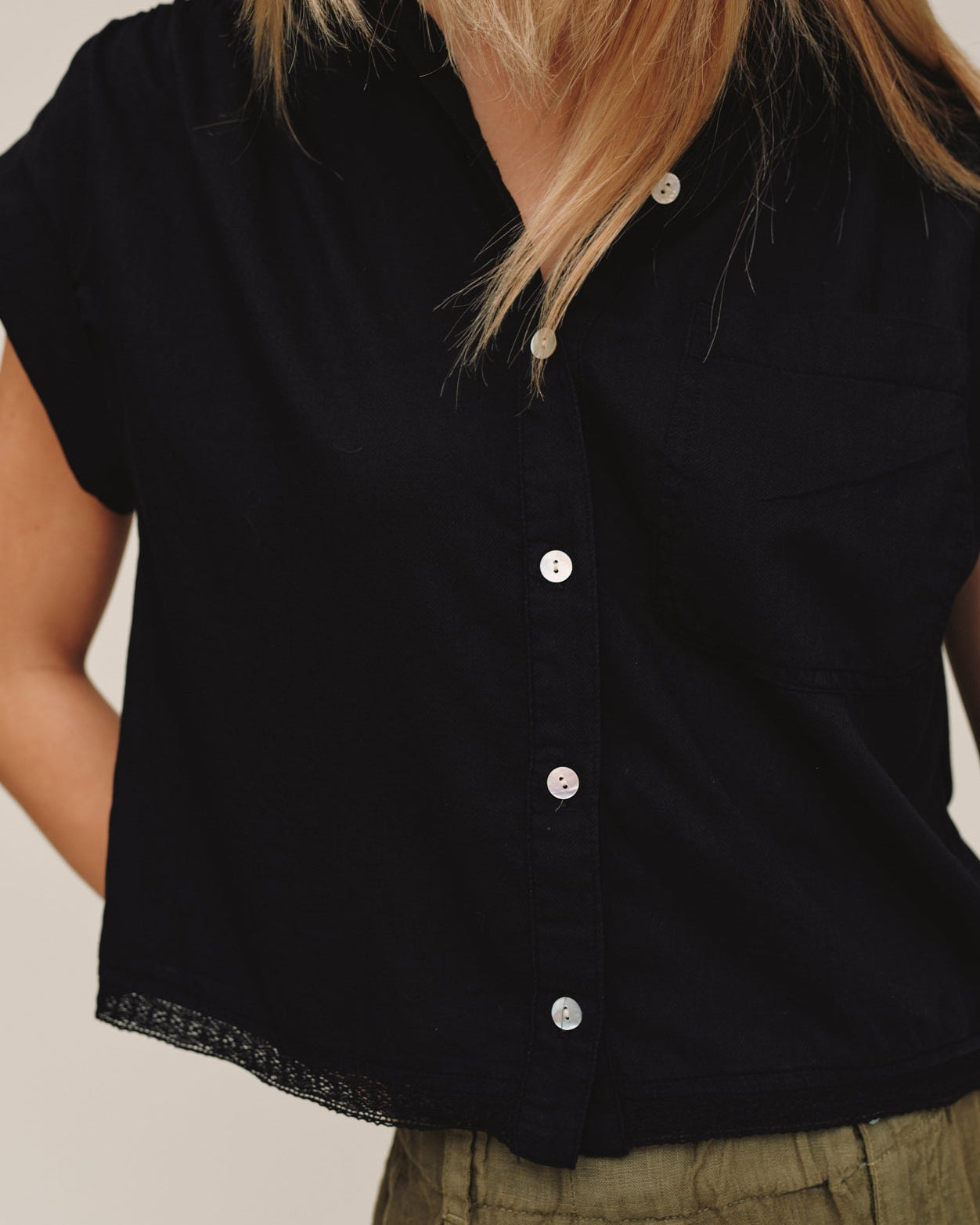 Cap Sleeve Trimmed Shirt - Black