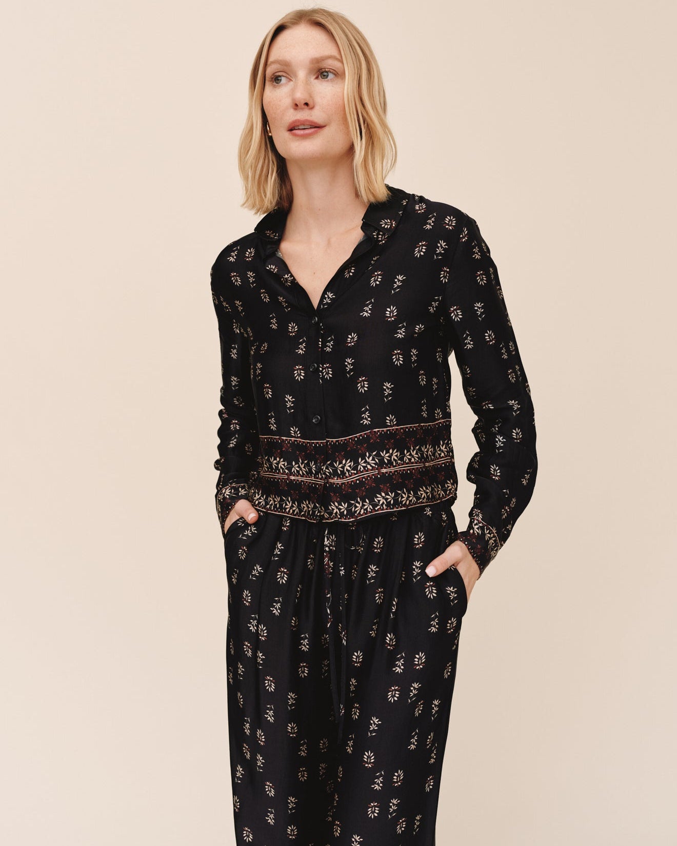 Long Sleeve Crop Shirt - Floral Border Print