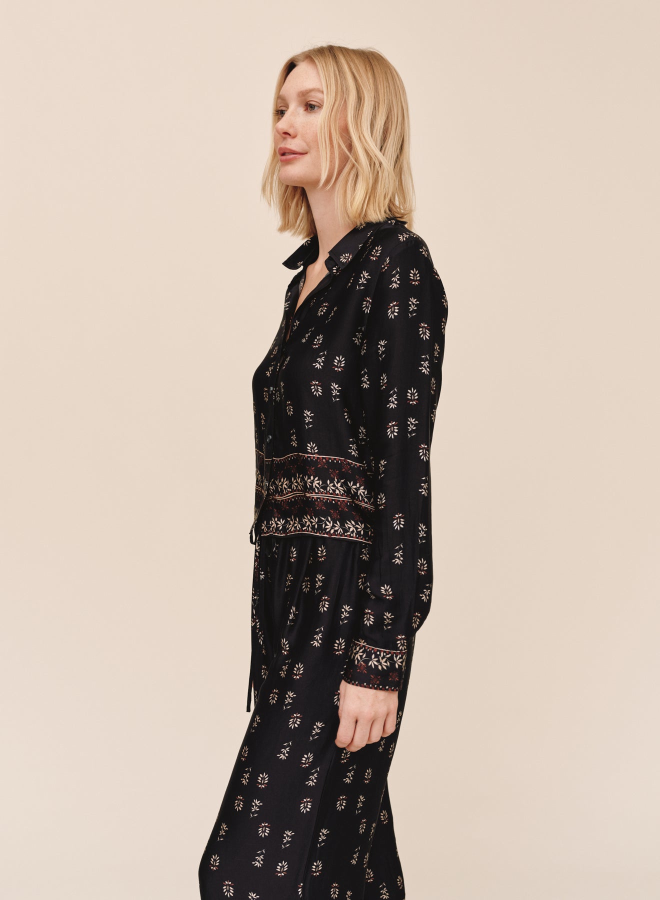 Long Sleeve Crop Shirt - Floral Border Print