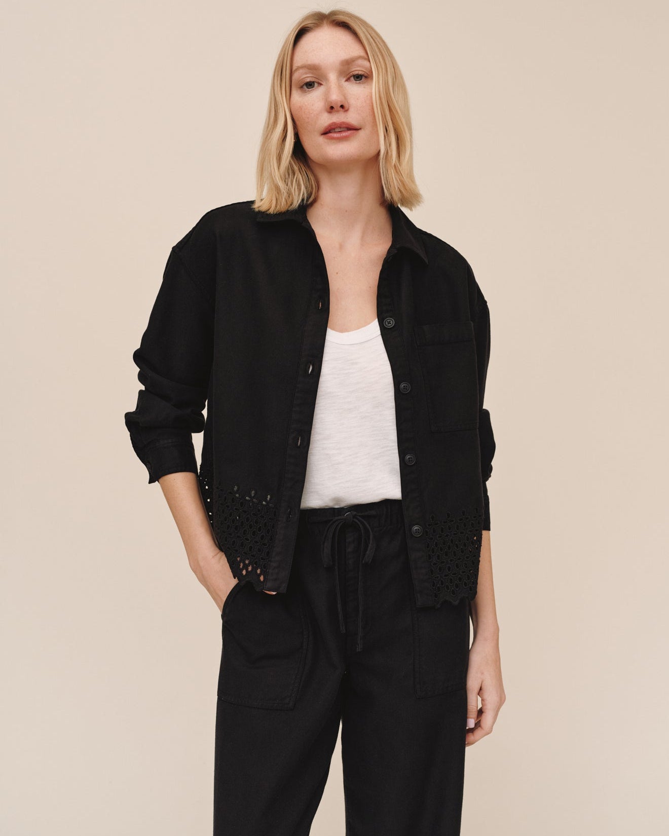 Embroidered Hem Chore Jacket - Black
