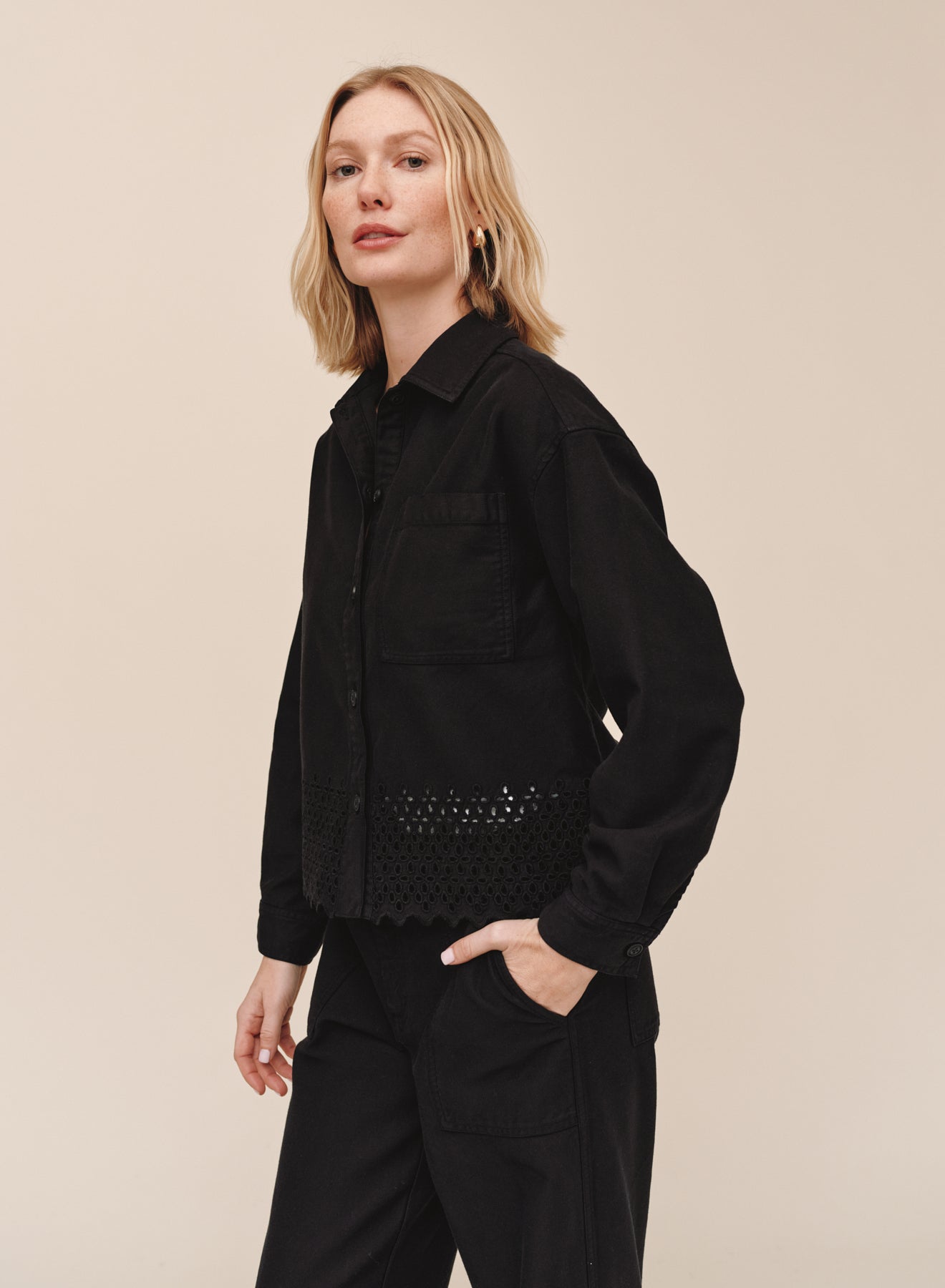Embroidered Hem Chore Jacket - Black