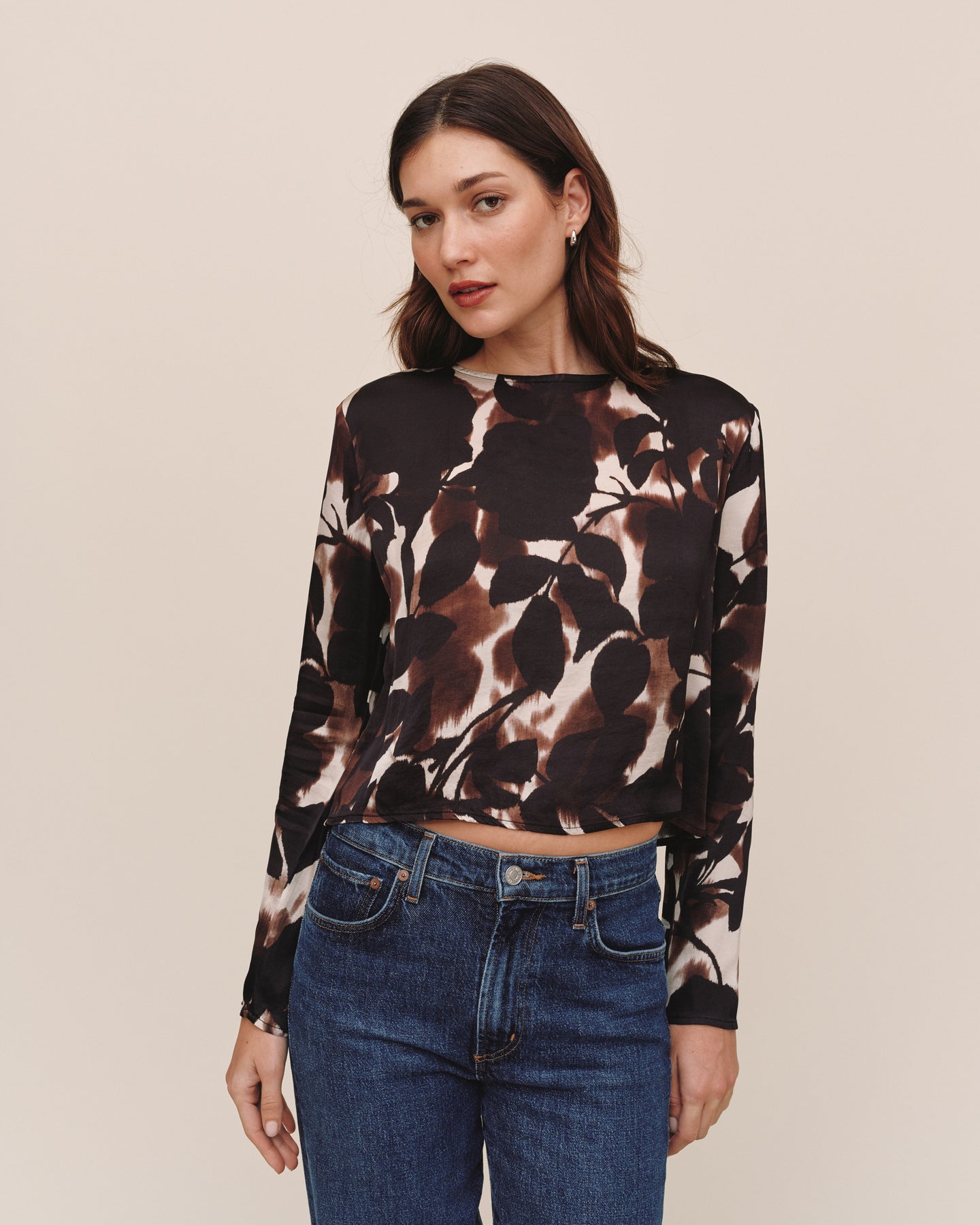 Long Sleeve Button Back Top - Shadow Floral Print