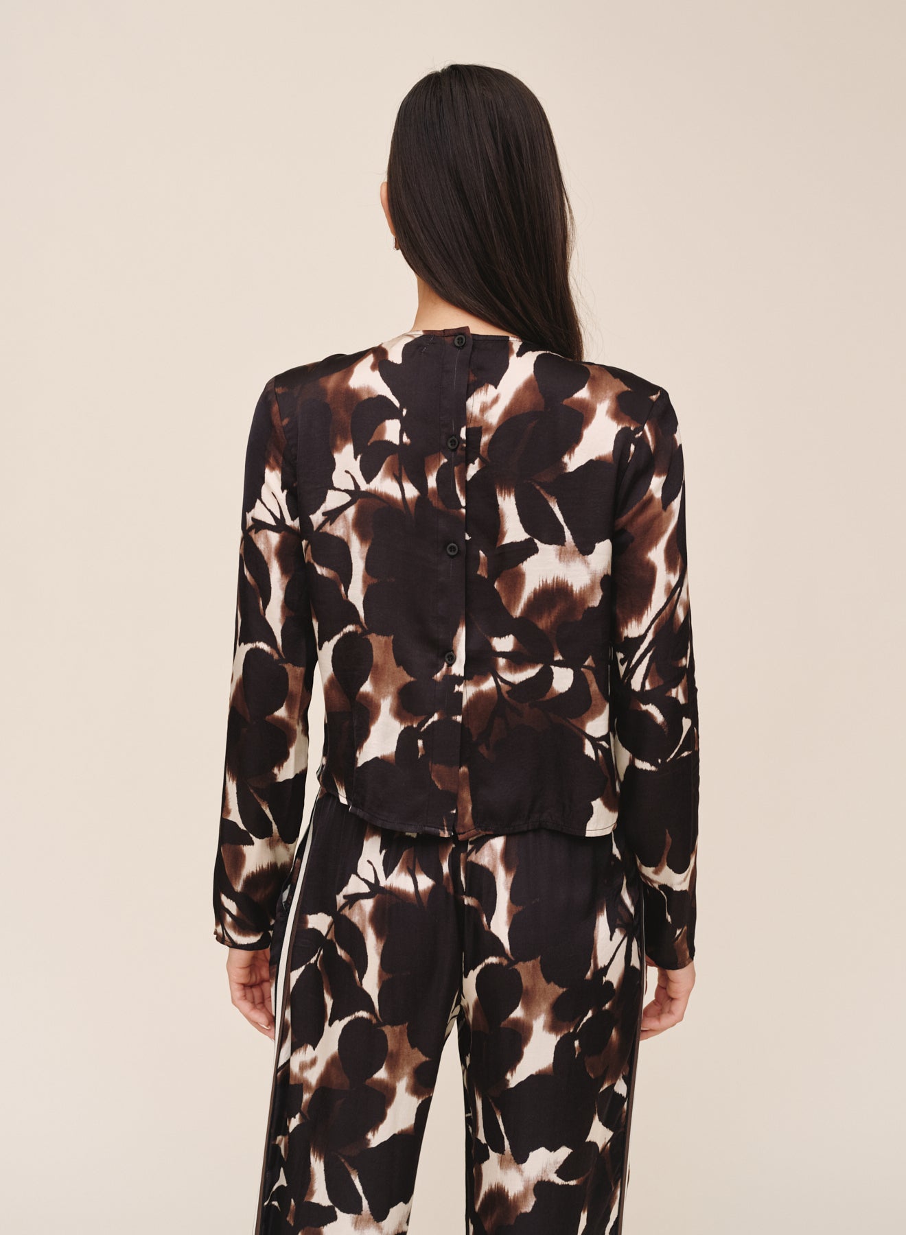 Long Sleeve Button Back Top - Shadow Floral Print