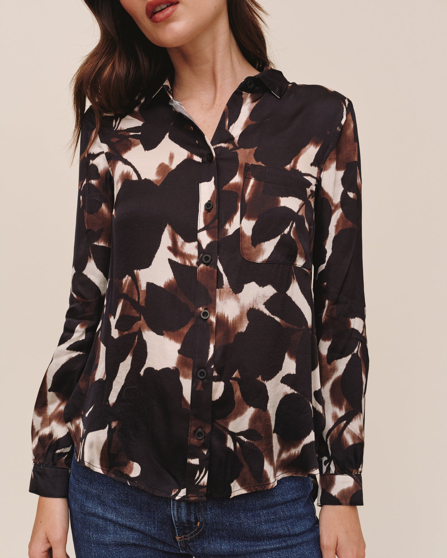 Long Sleeve Round Hem Button Down - Shadow Floral Print