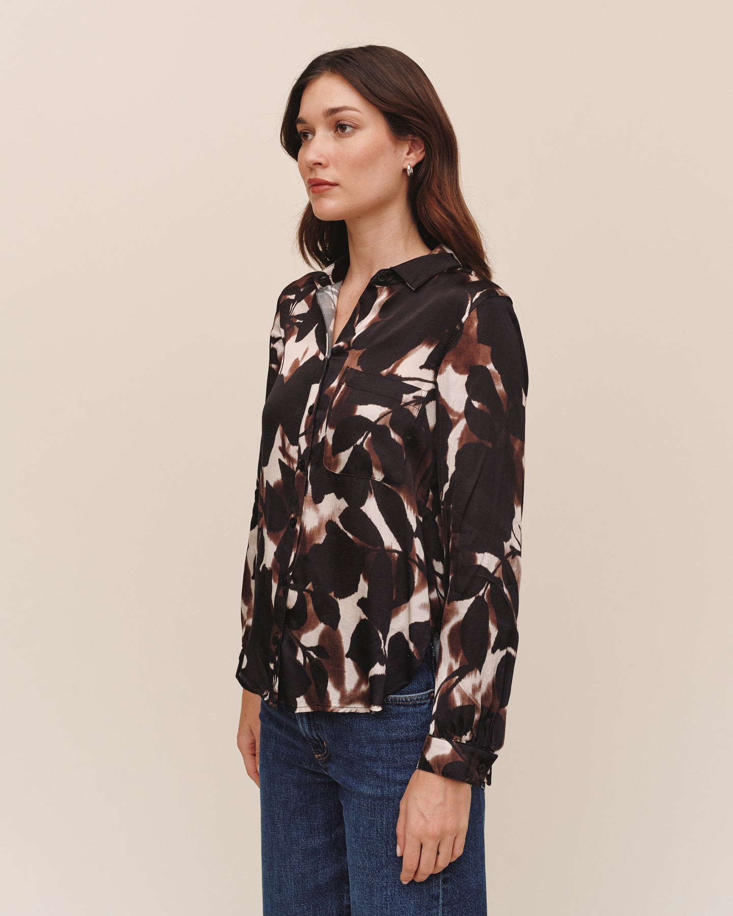 Long Sleeve Round Hem Button Down - Shadow Floral Print