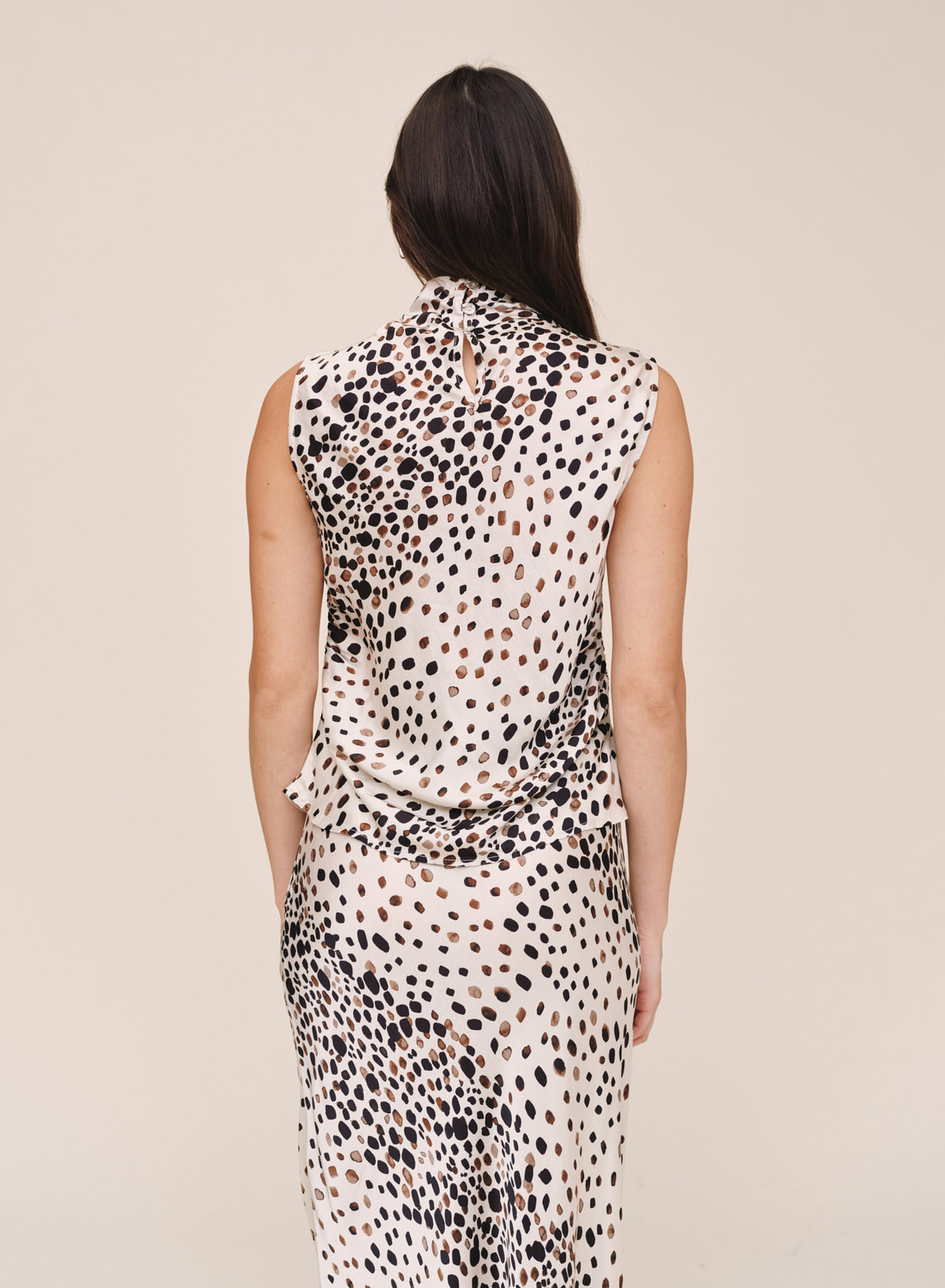 Fitted Cowl Neck Top - Painted Spots Print