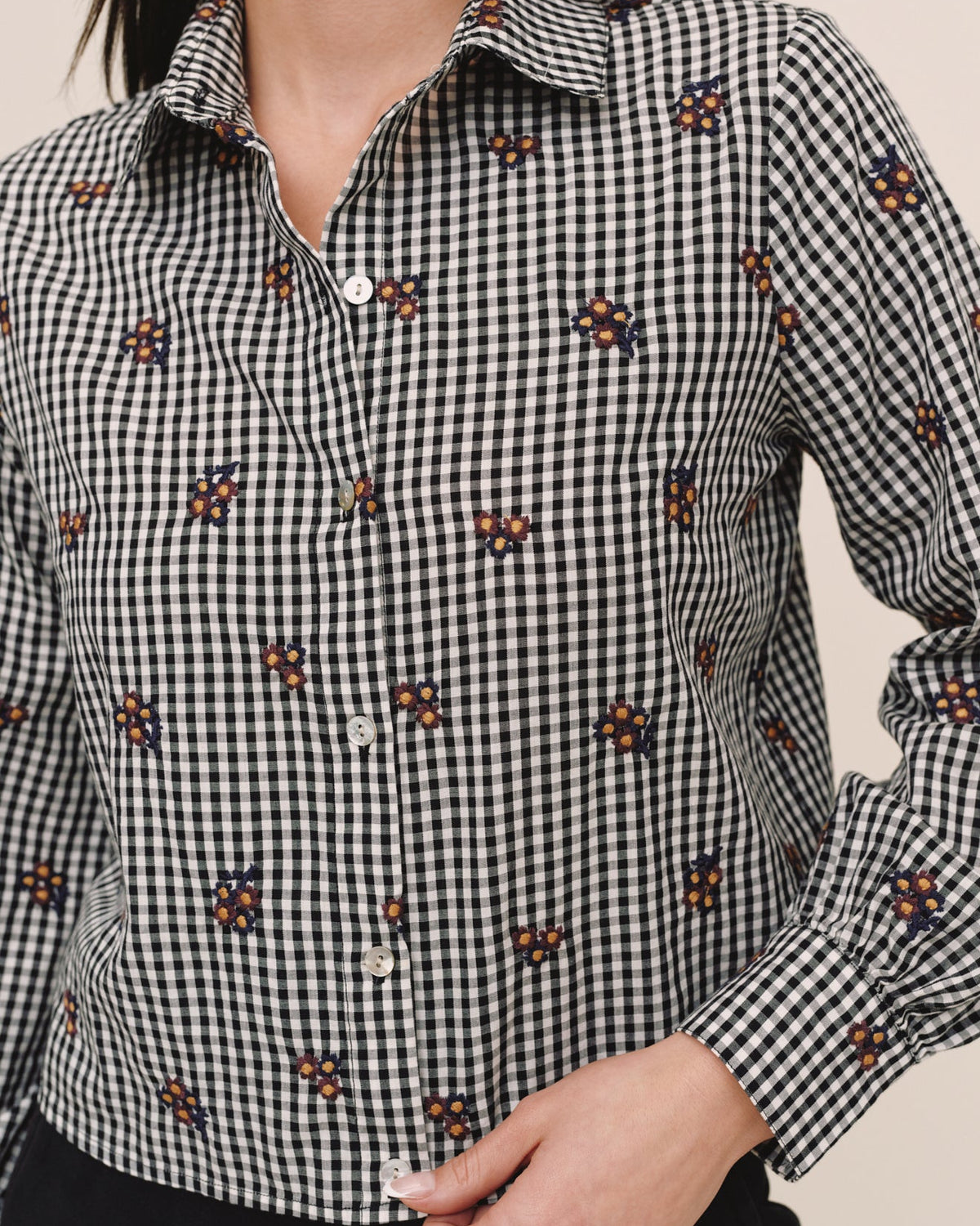 Long Sleeve Crop Button Down - Micro Floral Gingham