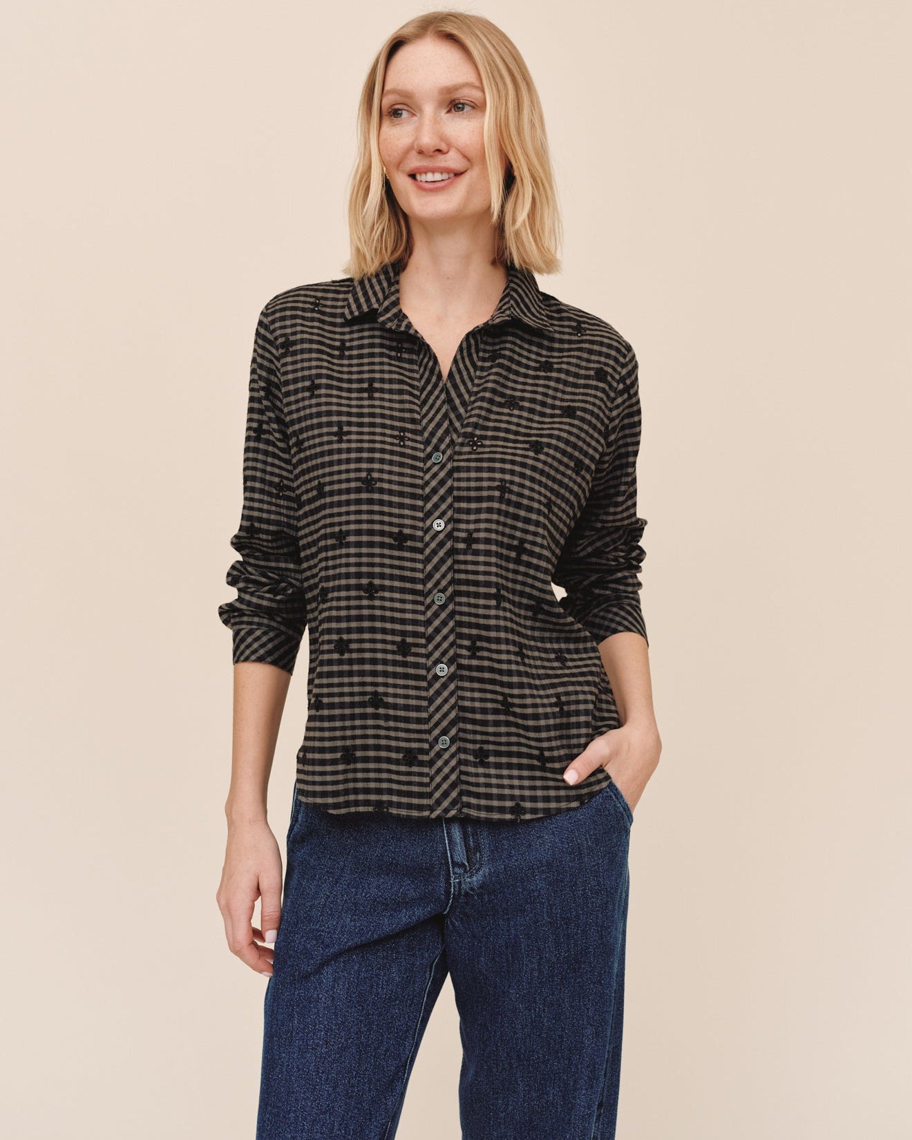 Long Sleeve Clean Button Down Shirt - Black-Olive Gingham