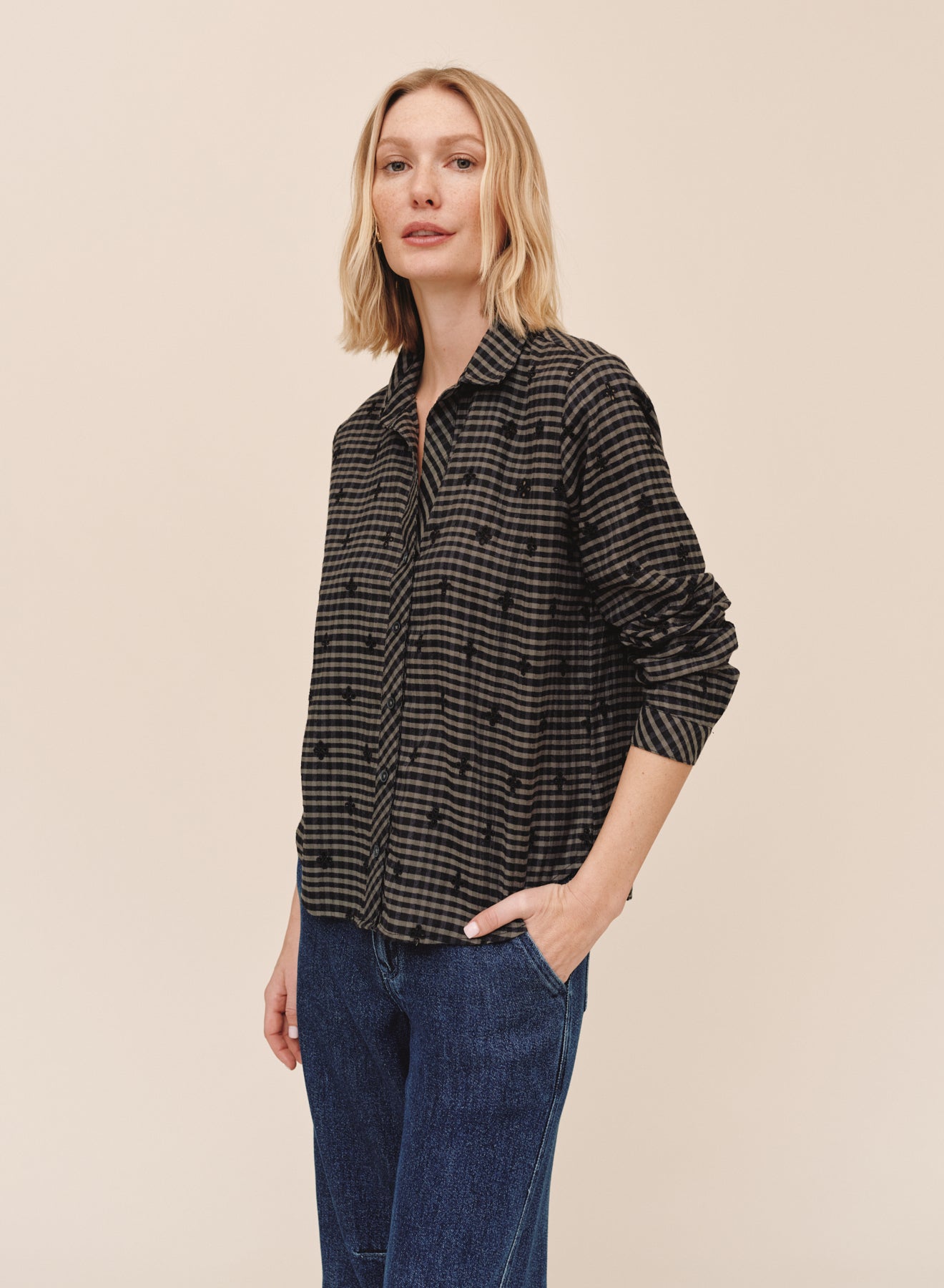 Long Sleeve Clean Button Down Shirt - Black-Olive Gingham