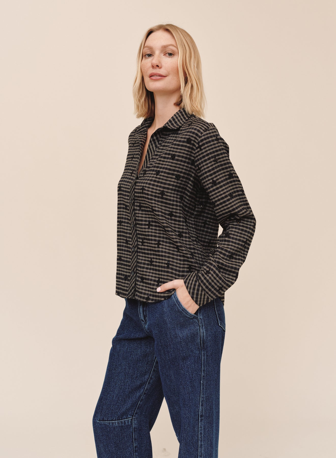 Long Sleeve Clean Button Down Shirt - Black-Olive Gingham